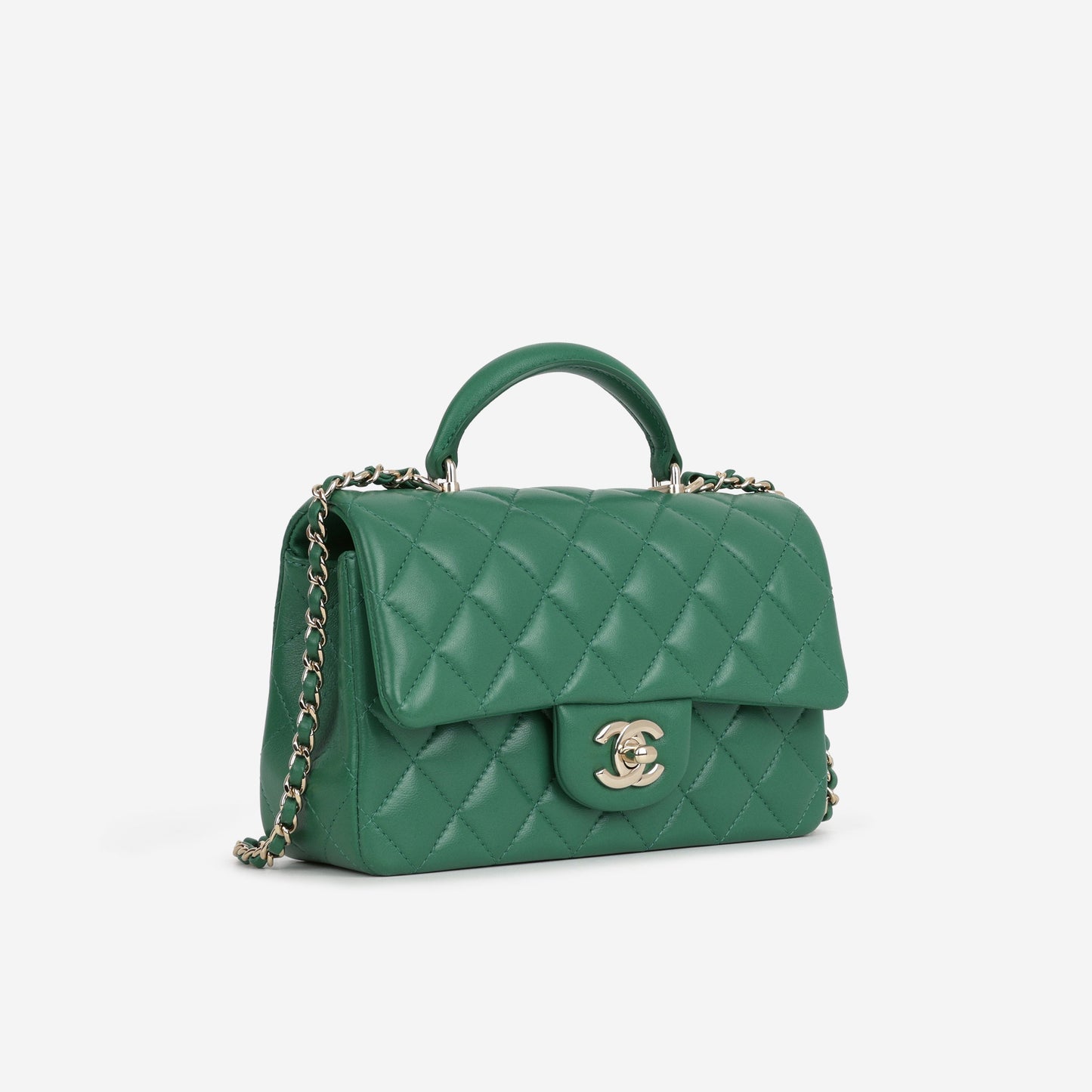 Chanel Mini Top Handle Flap - Green Lambskin | Champagne Gold Hardware