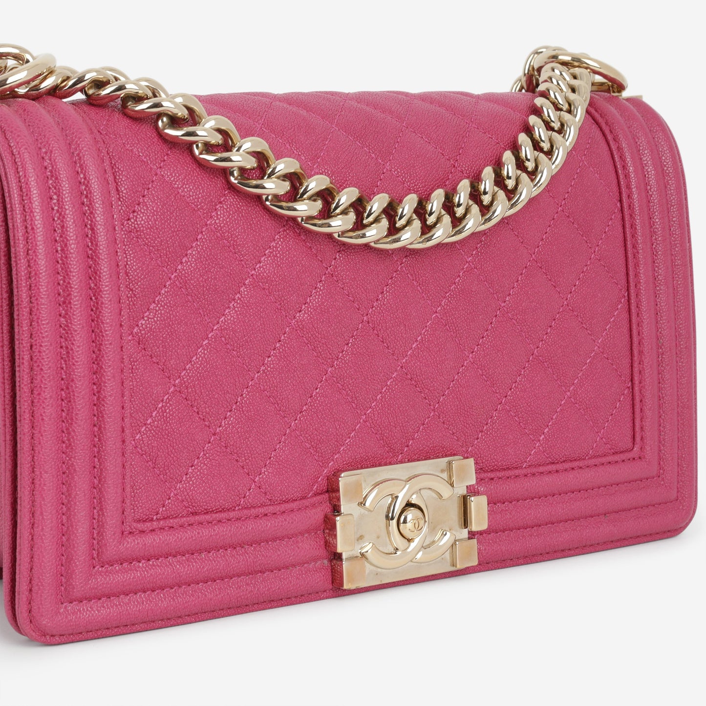 Chanel Old Medium Boy Bag - Fuchsia Caviar | Champagne Gold Hardware