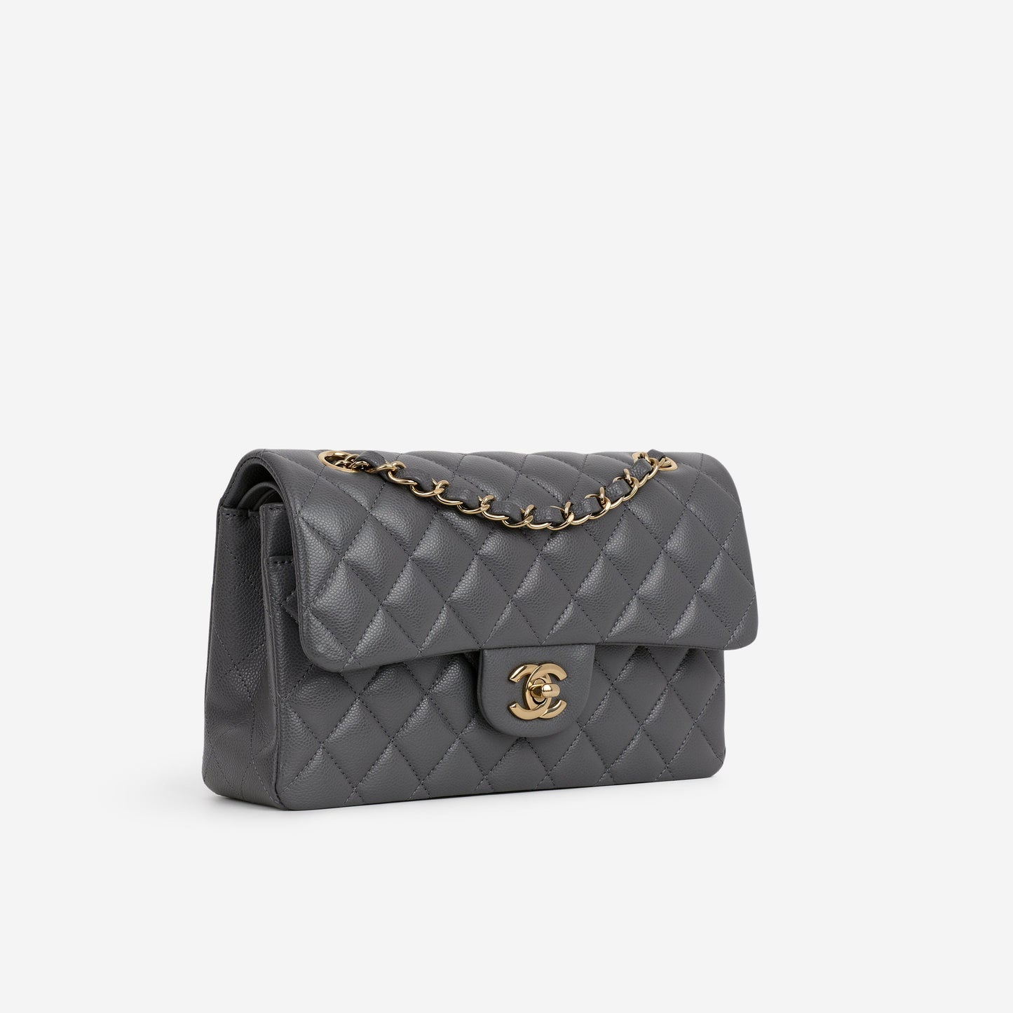 Chanel Small Classic Flap - Dark Grey Caviar | Champagne Gold Hardware