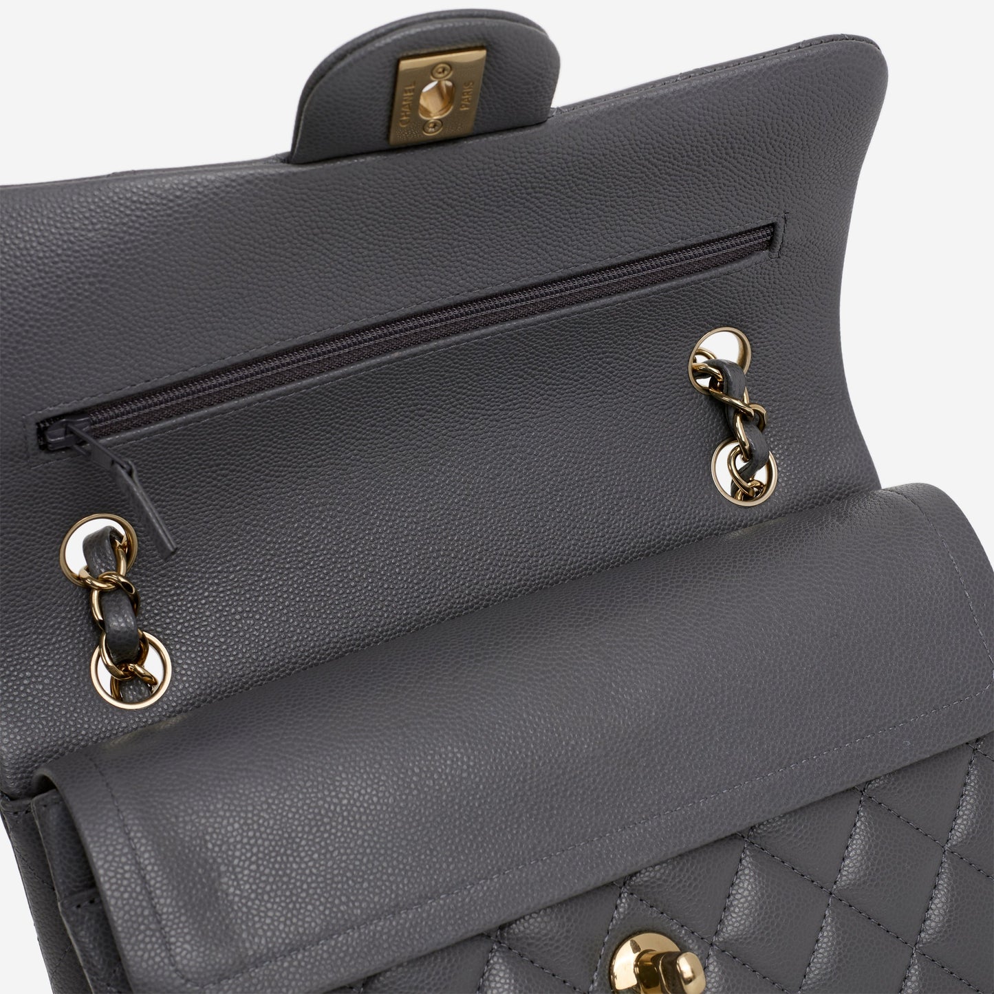 Chanel Small Classic Flap - Dark Grey Caviar | Champagne Gold Hardware