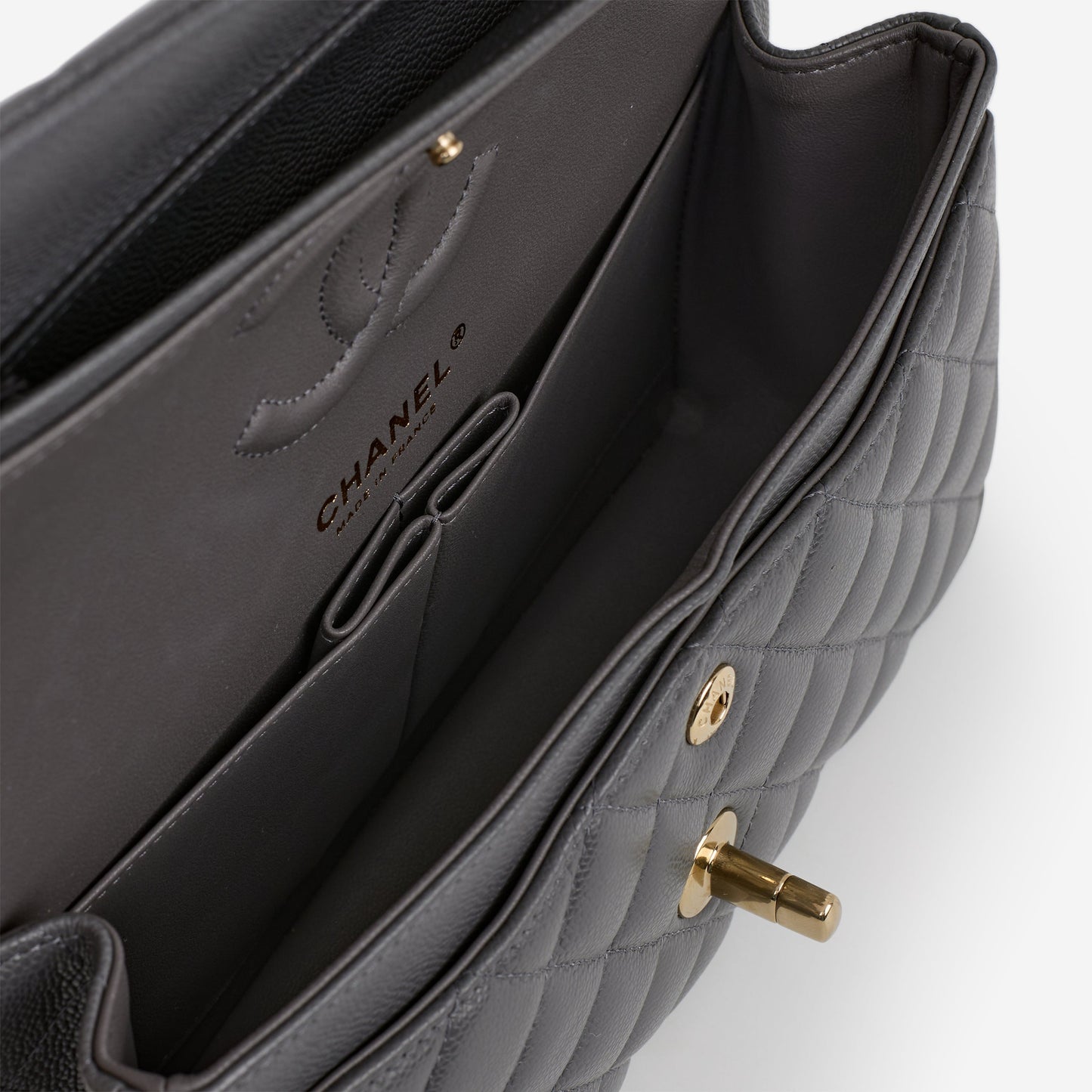 Chanel Small Classic Flap - Dark Grey Caviar | Champagne Gold Hardware