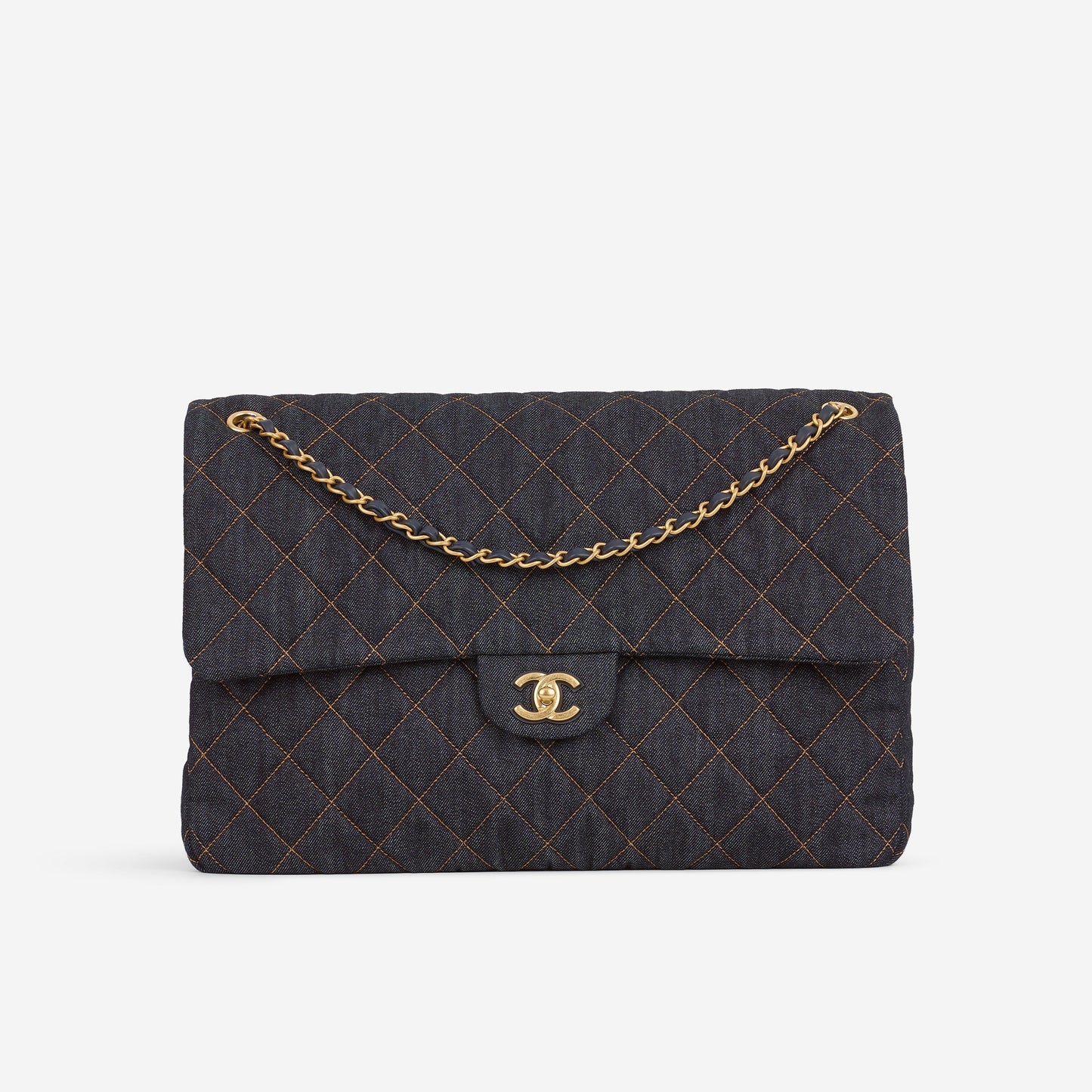 Chanel 26P Maxi Classic Flap - Dark Blue Denim | Aged-Gold Hardware