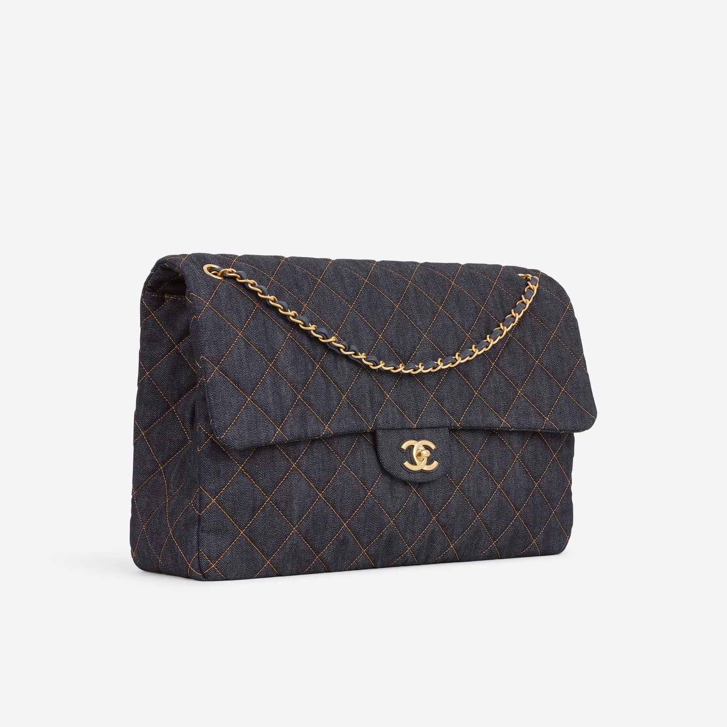 Chanel 26P Maxi Classic Flap - Dark Blue Denim | Aged-Gold Hardware