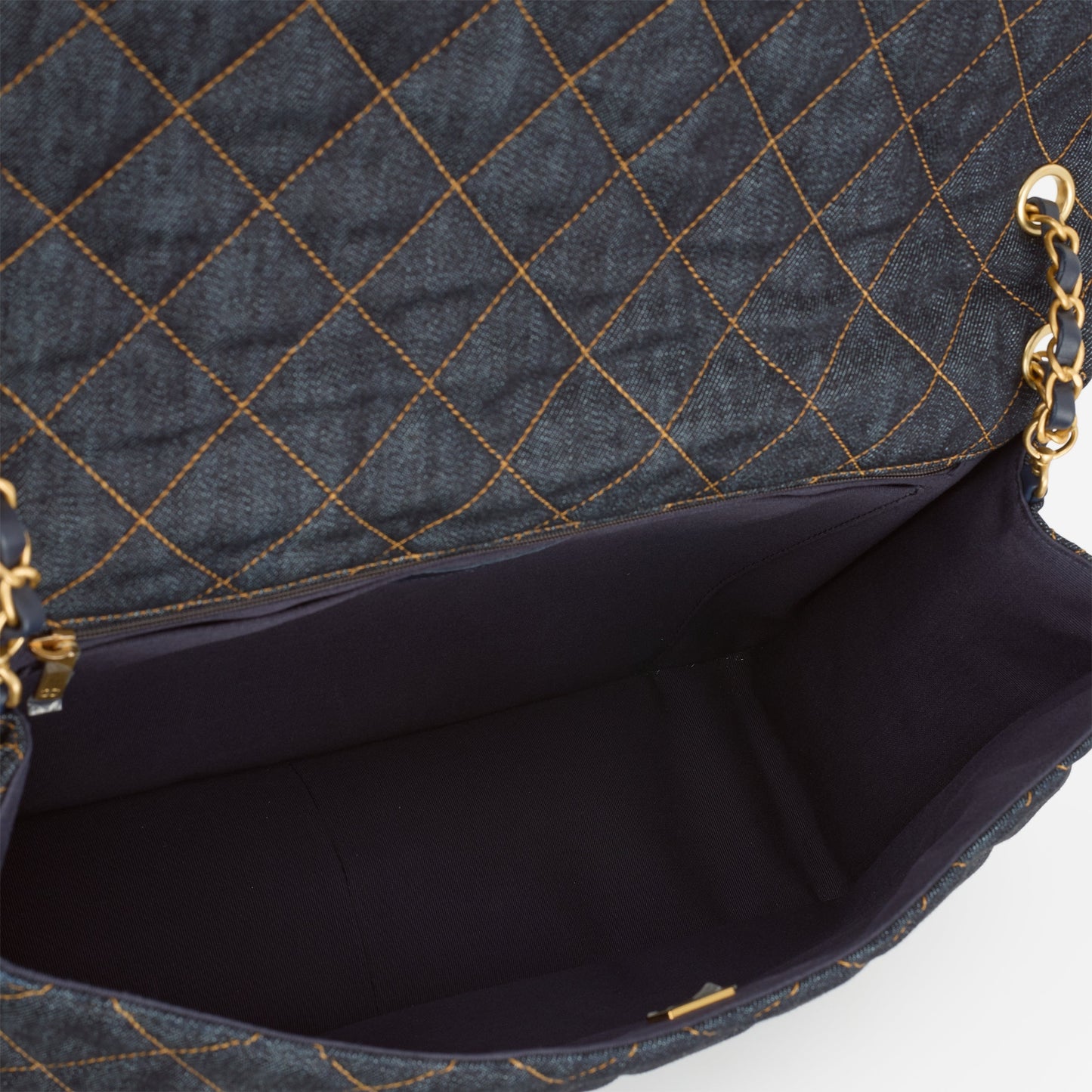 Chanel 26P Maxi Classic Flap - Dark Blue Denim | Aged-Gold Hardware