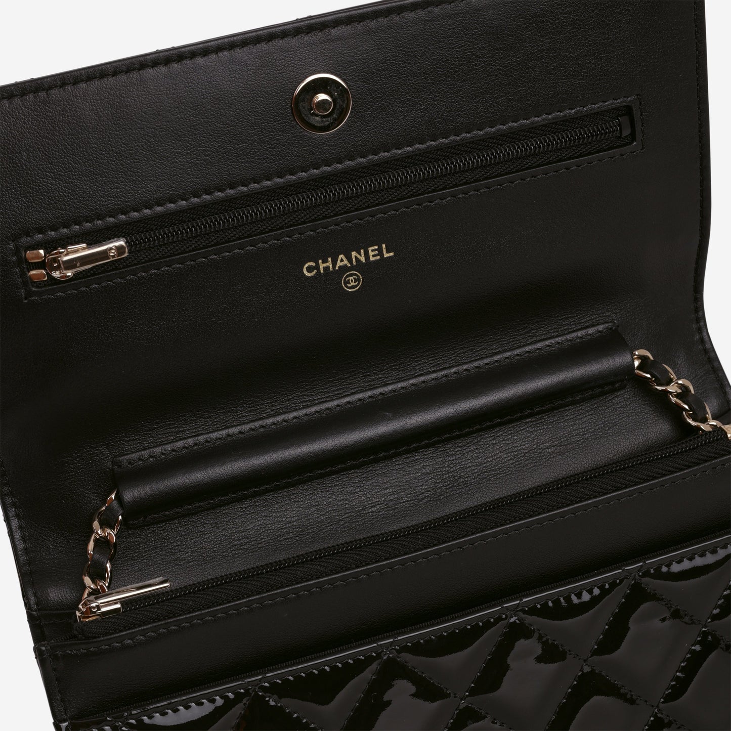 Chanel Classic Wallet on Chain - Black Patent | Champagne Gold Hardware