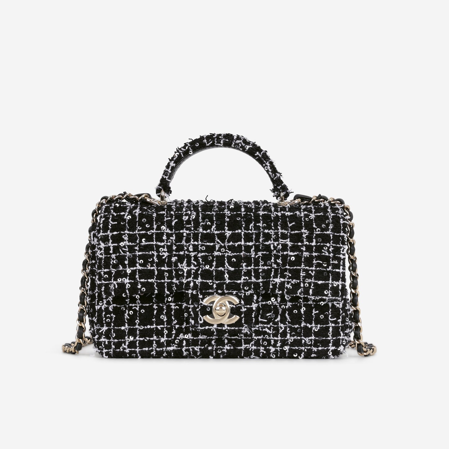 Chanel Mini Top Handle Flap - Black / White Tweed | Gold Hardware