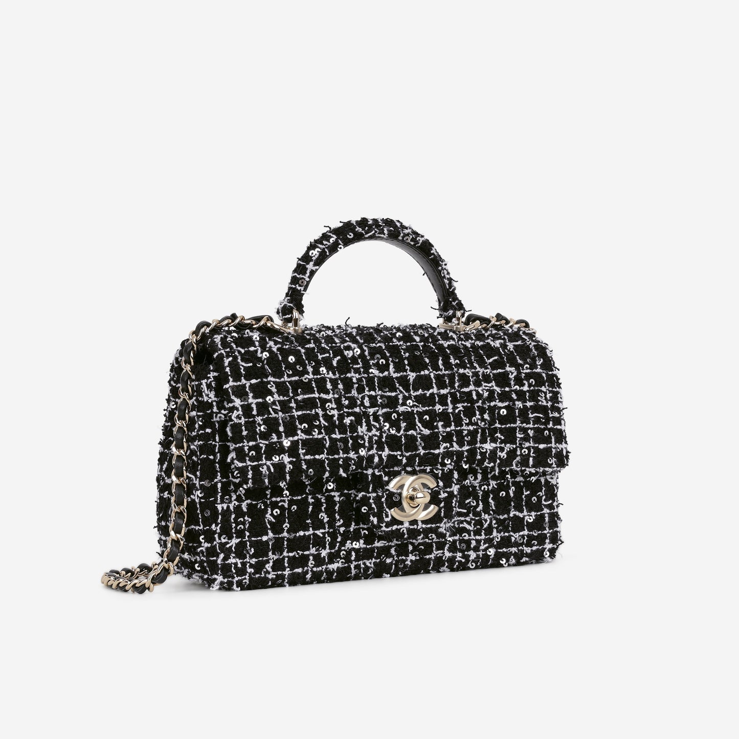 Chanel Mini Top Handle Flap - Black / White Tweed | Gold Hardware