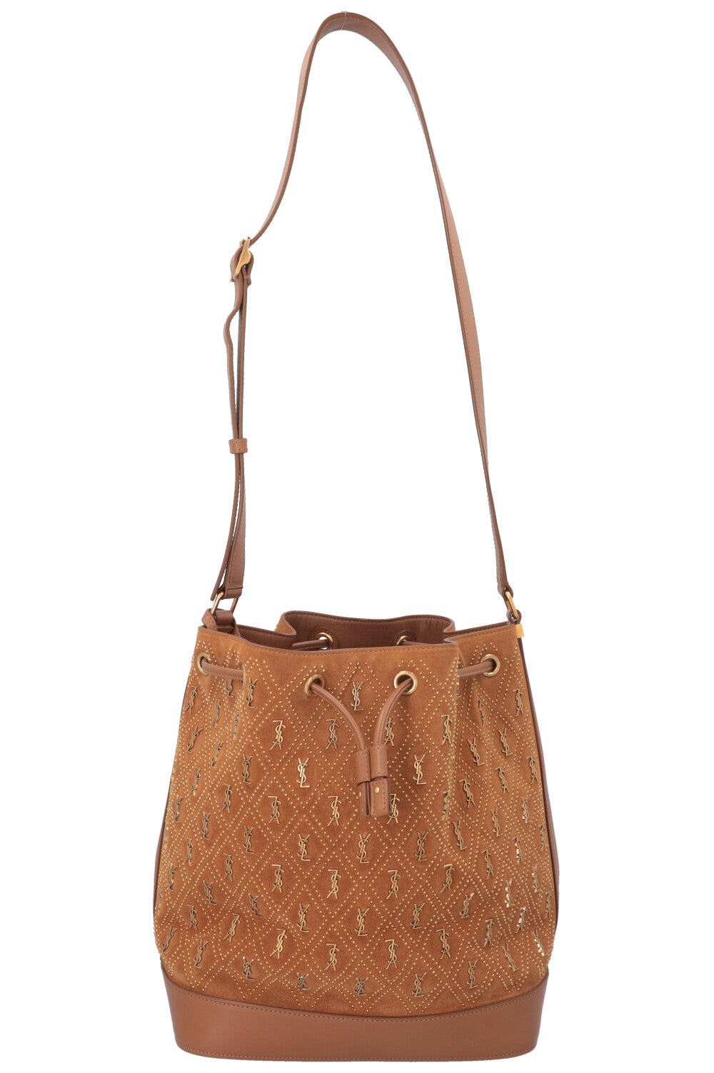SAINT LAURENT Le Monogramme Studded Bucket Bag Suede Brown