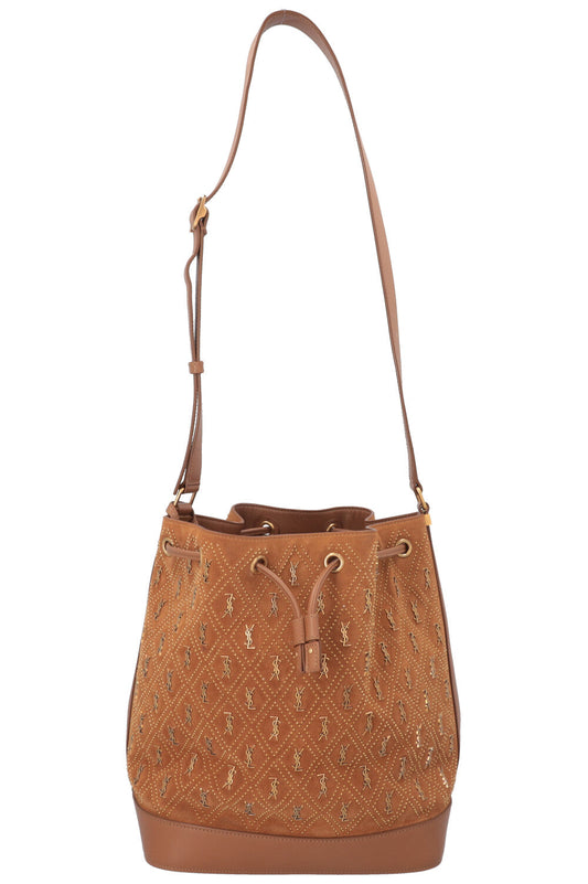 SAINT LAURENT Le Monogramme Studded Bucket Bag Suede Brown