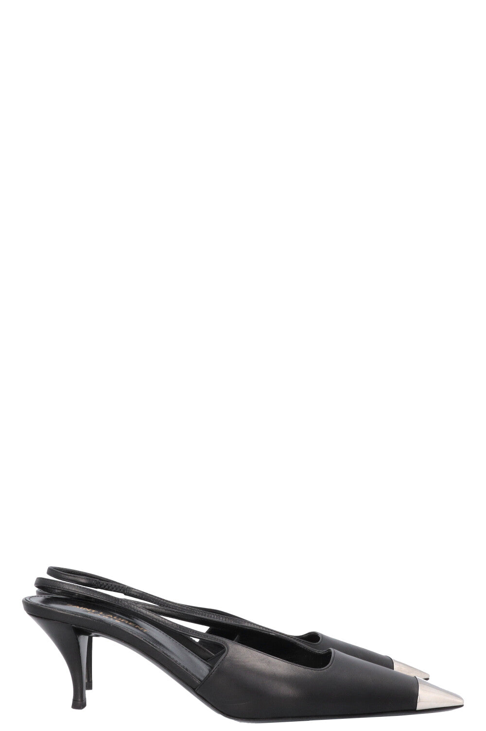 SAINT LAURENT Blade Slingback Kitten Heels Black Silver