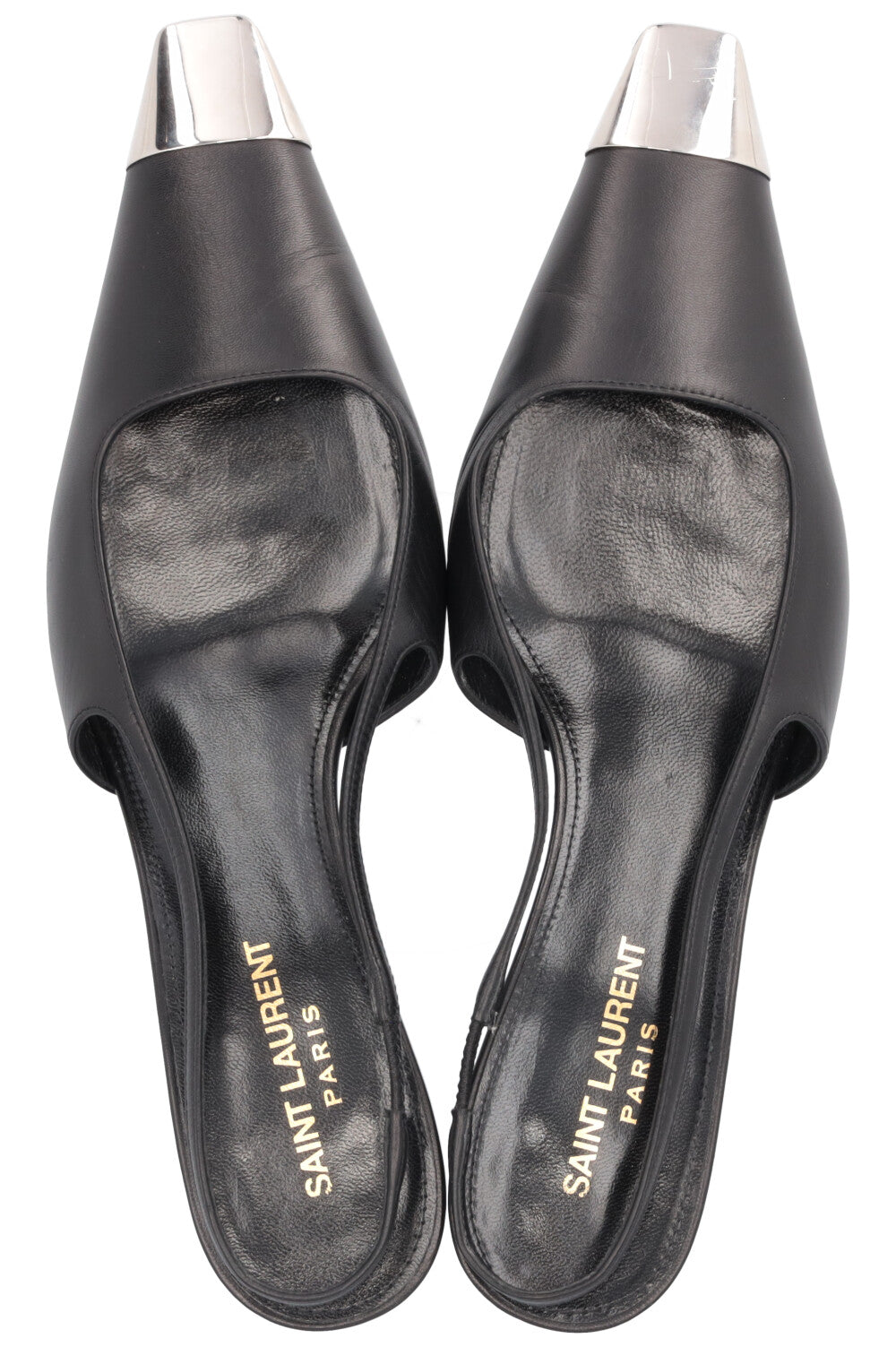 SAINT LAURENT Blade Slingback Kitten Heels Black Silver