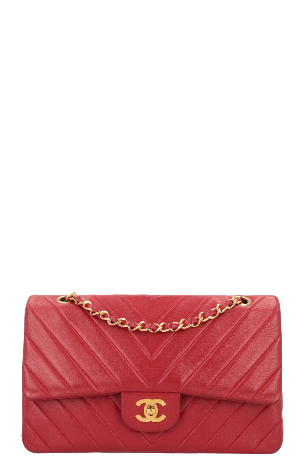 CHANEL Chevron Double Flap Bag Leather Red