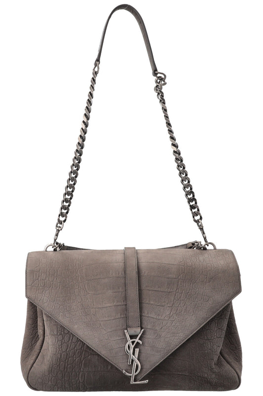 SAINT LAURENT Croc Embossed College Bag Grey