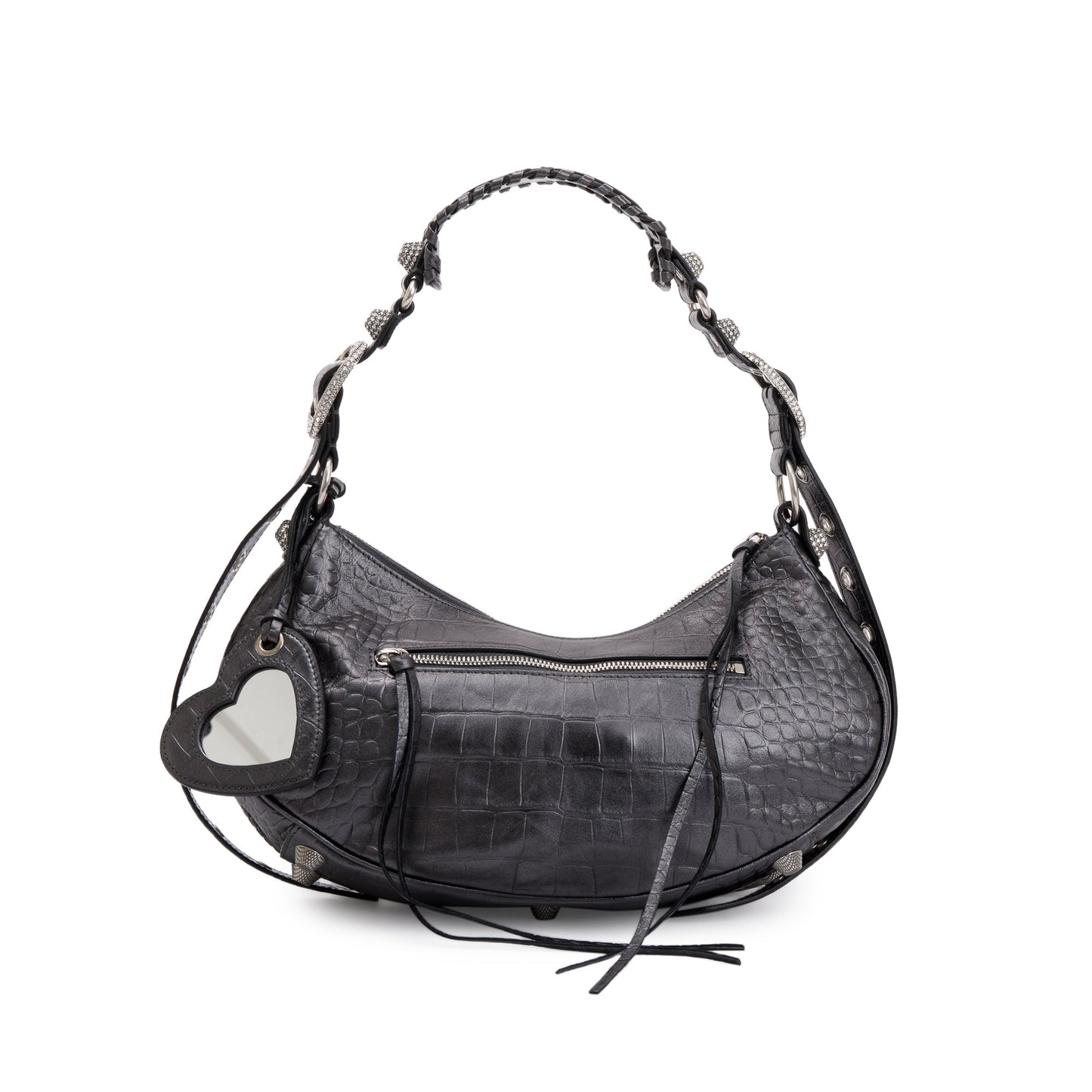 Balenciaga Black Croc-Embossed Arena Leather Rhinestones Le Cagole Small Shoulder Bag