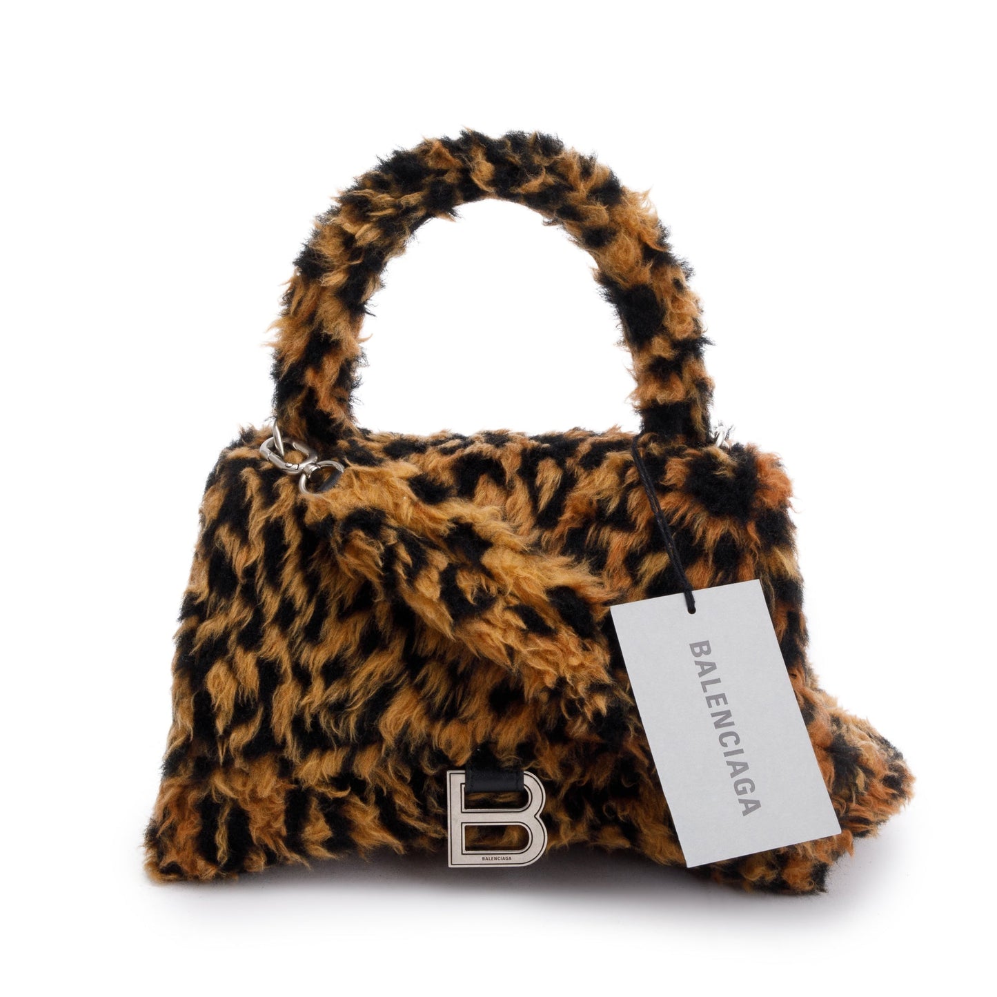 Balenciaga Brown Leopard Print Faux Fur Small Hourglass Top Handle Bag