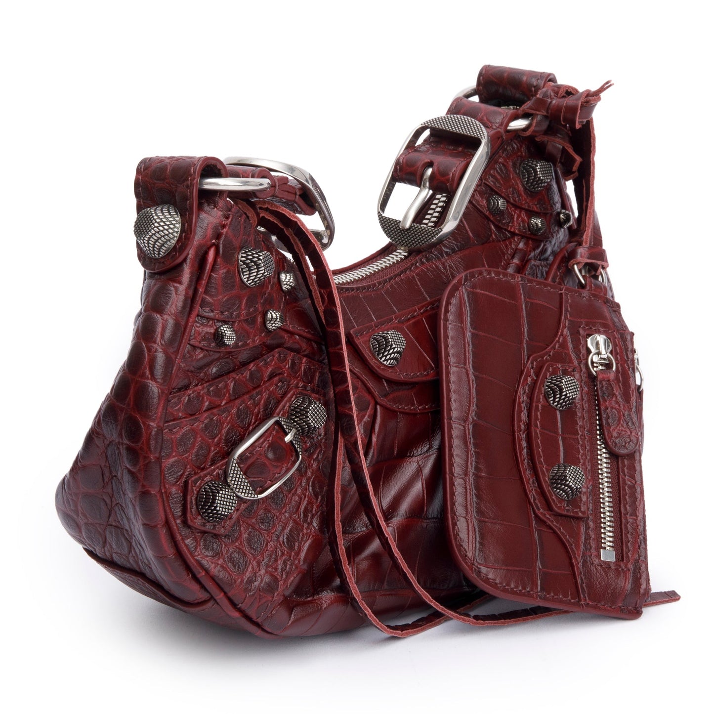 Balenciaga Burgundy Calfskin Crocodile Embossed Le Cagole XS Shoulder Bag