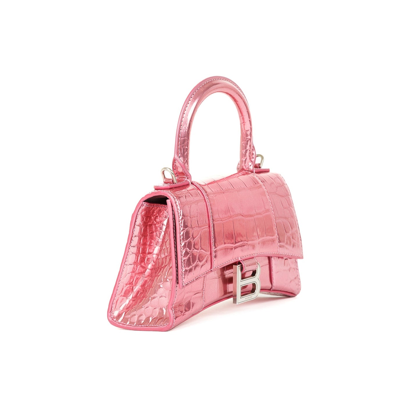 Balenciaga Pink Metallic Croc-Embossed Hourglass XS Top Handle Bag