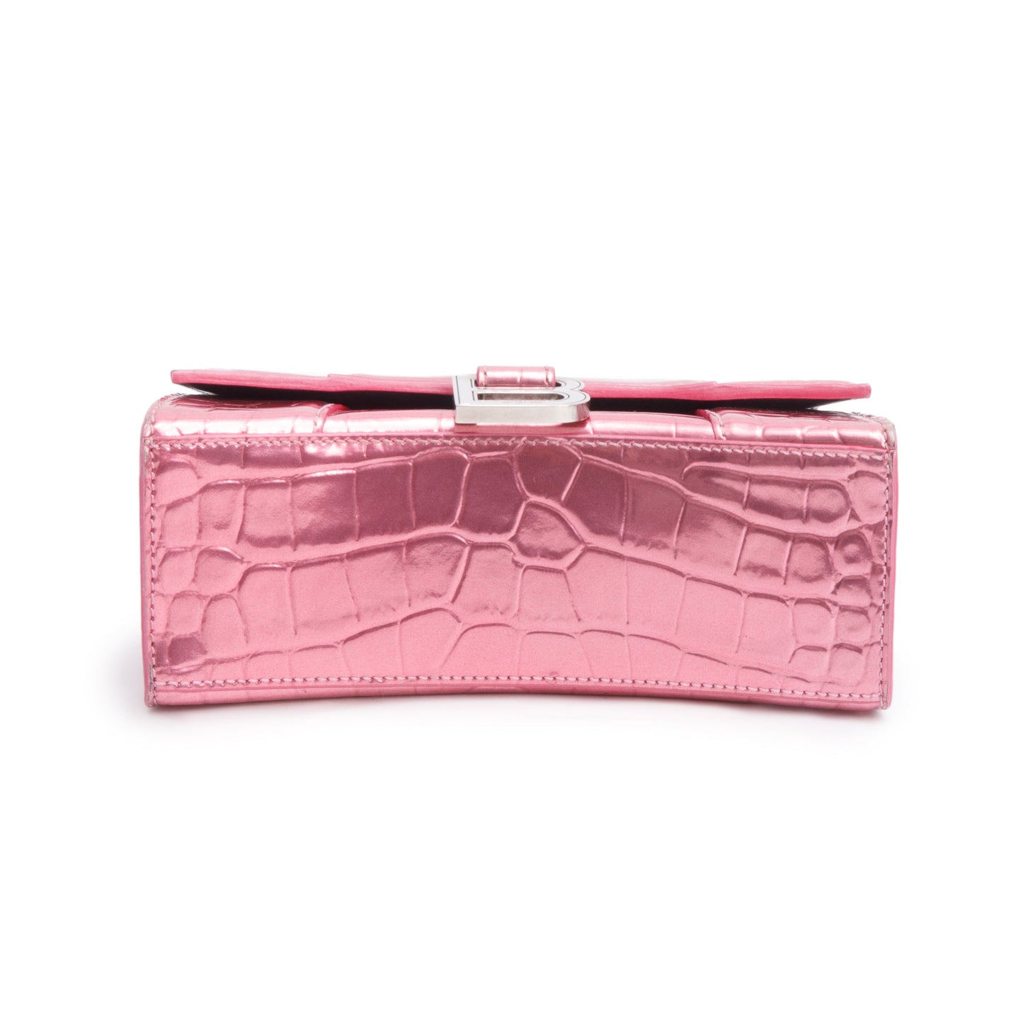 Balenciaga Pink Metallic Croc Embossed XS Hourglass Top Handle Bag