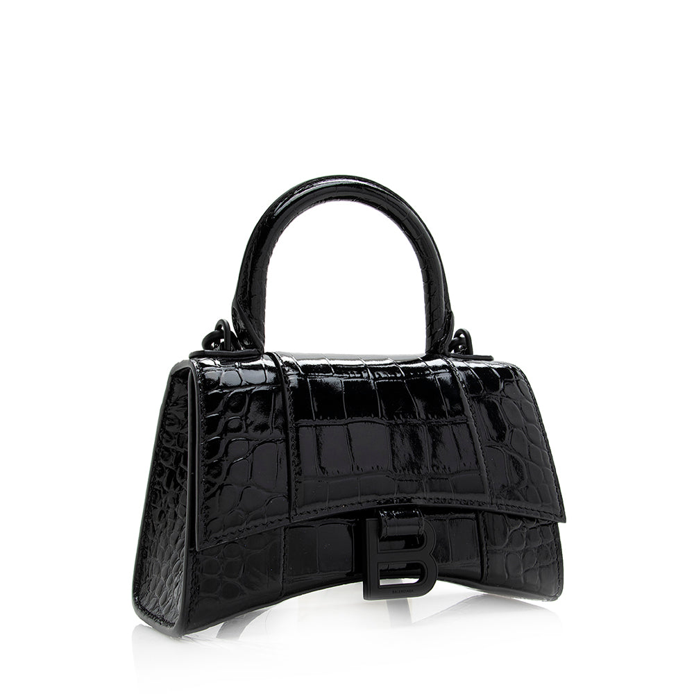 Luxury Balenciaga Trending 2026 Shiny Croc Embossed Calfskin Hourglass XS Satchel (SHF-20783)