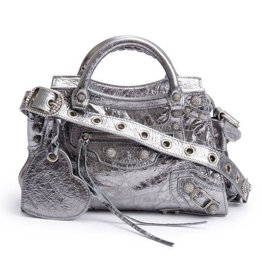 Balenciaga Silver Metallic Arena Leather Crystal Neo Cagole XS City Bag