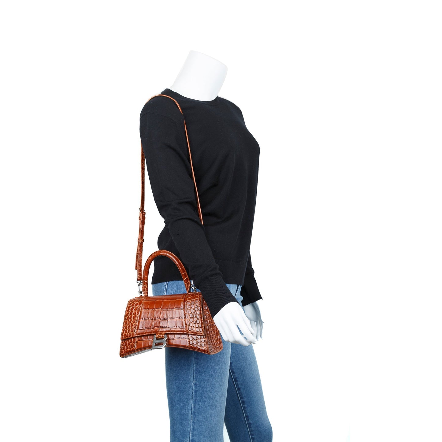 Balenciaga Small Brown Croc-Embossed Hourglass Top Handle Bag