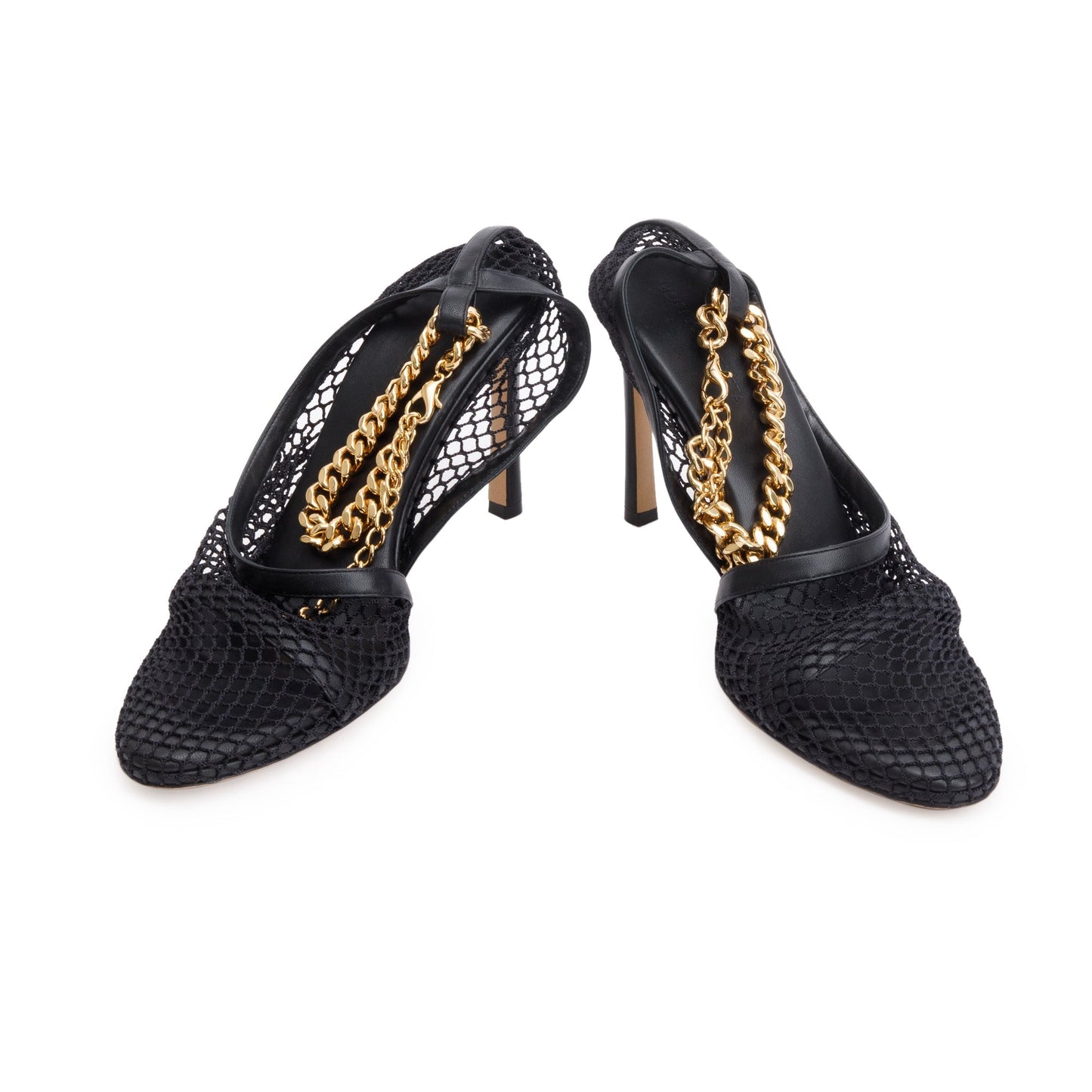 Bottega Veneta Black Leather Mesh Chain Accent Tex Sandal Pumps, Size 39