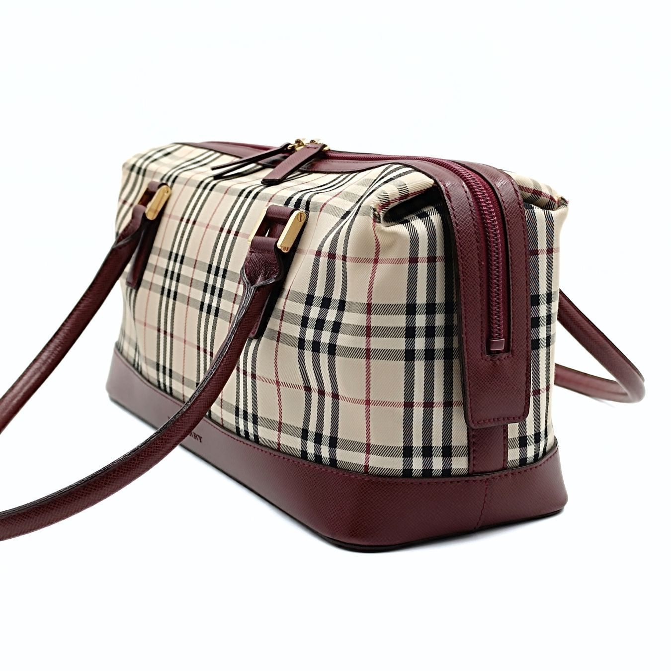 Luxury Burberry shoulder bag in burgundy check canvas and leather