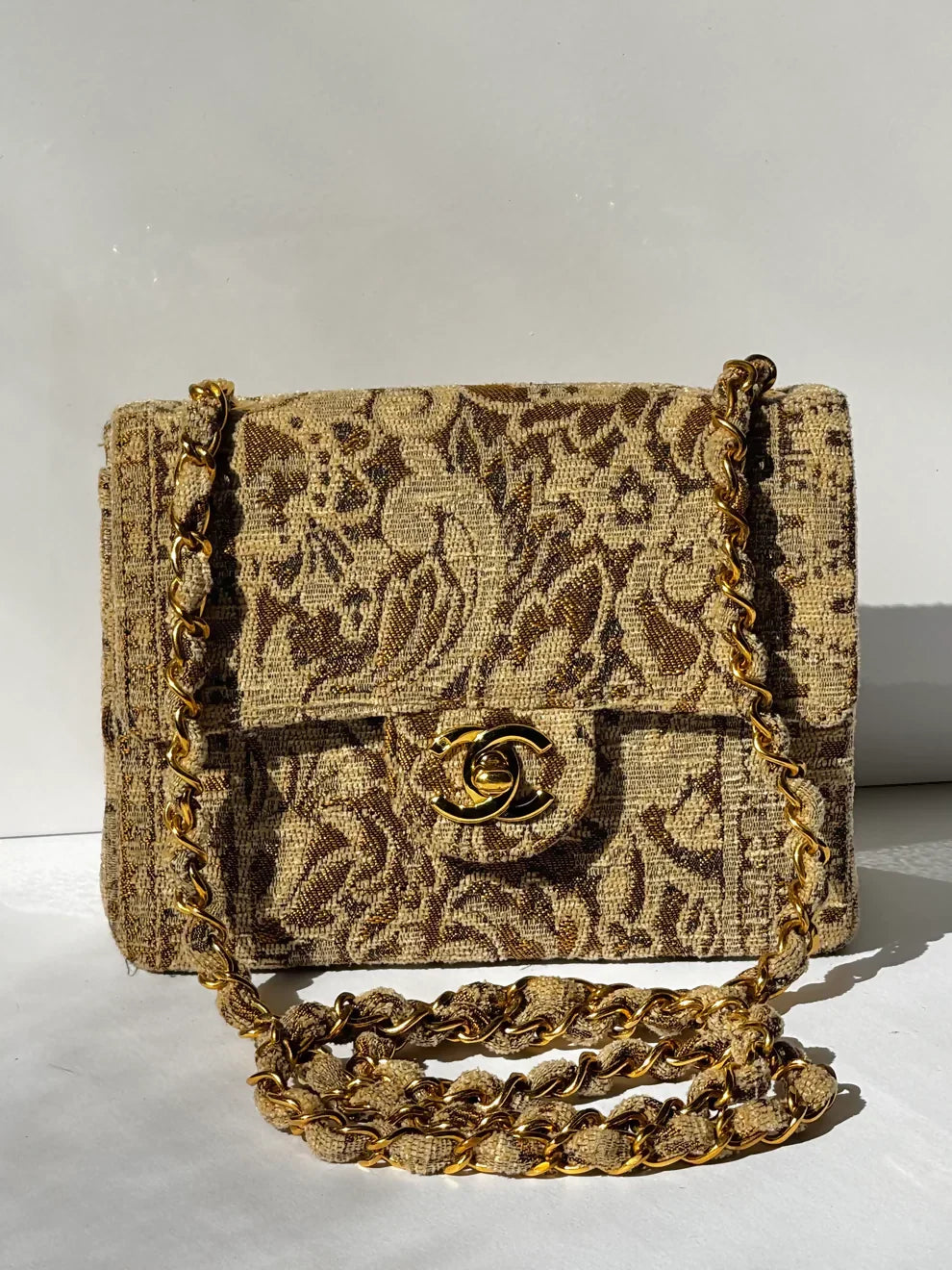 Chanel  1991 Bronze Metallic Brocade Mini Square Flap Bag