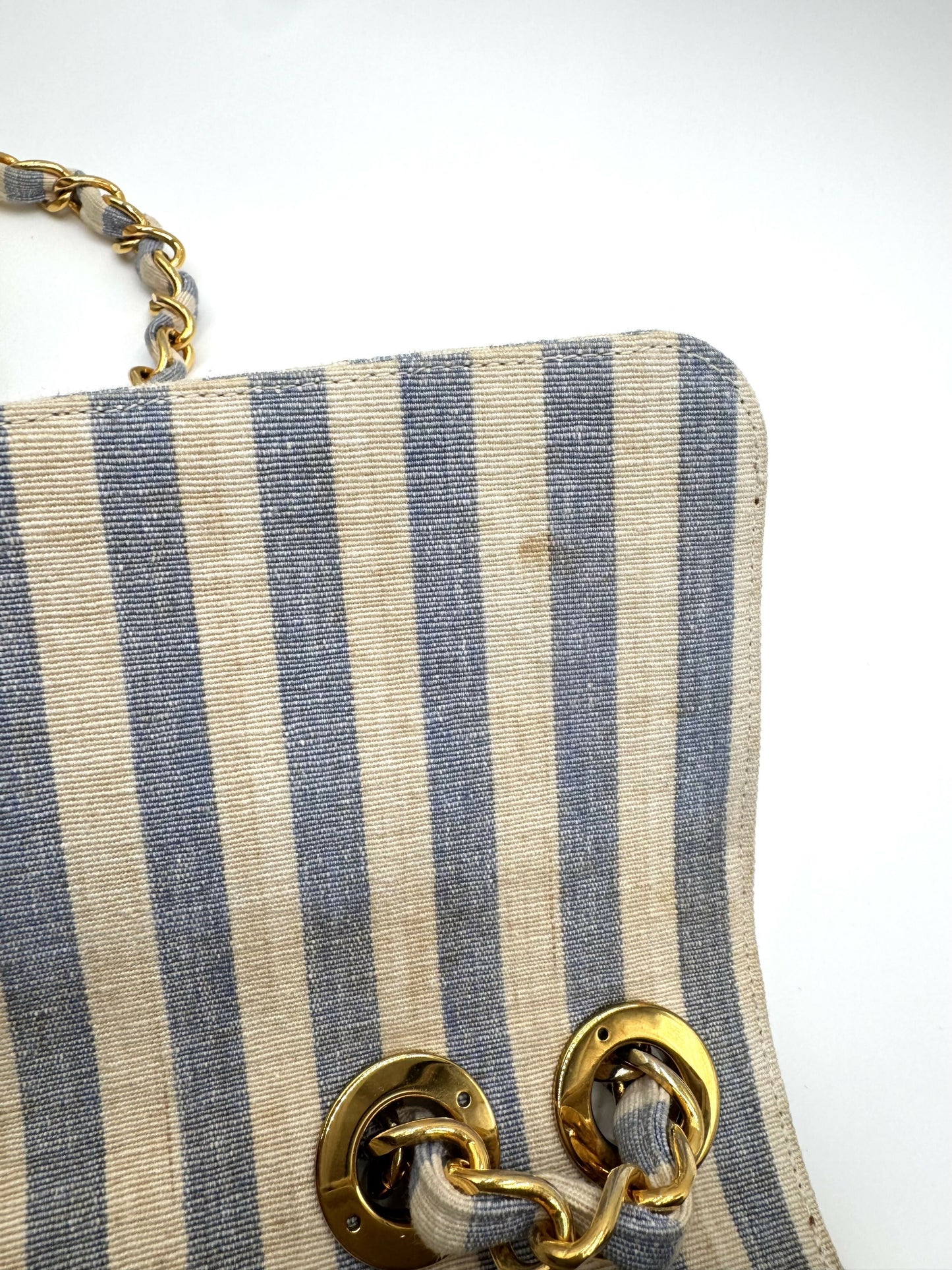 Chanel  1990s Jumbo Blue and White Striped Linen and Cotton Classic Flap Bag