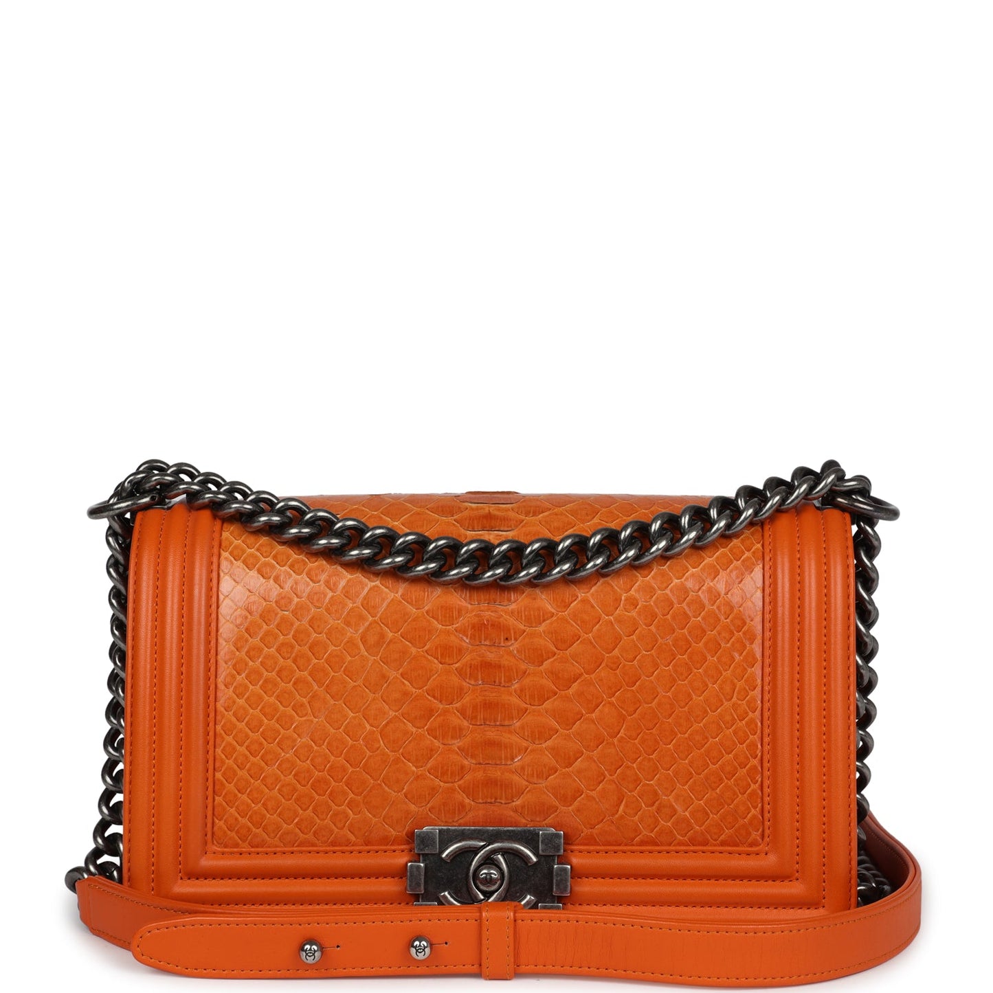 Chanel Medium Boy Bag Orange Python Aged Ruthenium Hardware