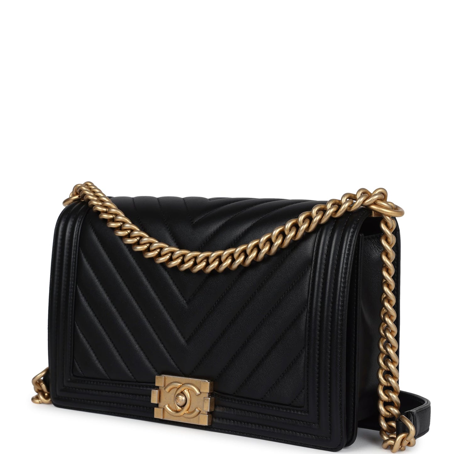 Chanel New Medium Chevron Boy Bag Black Calfskin Antique Gold Hardware