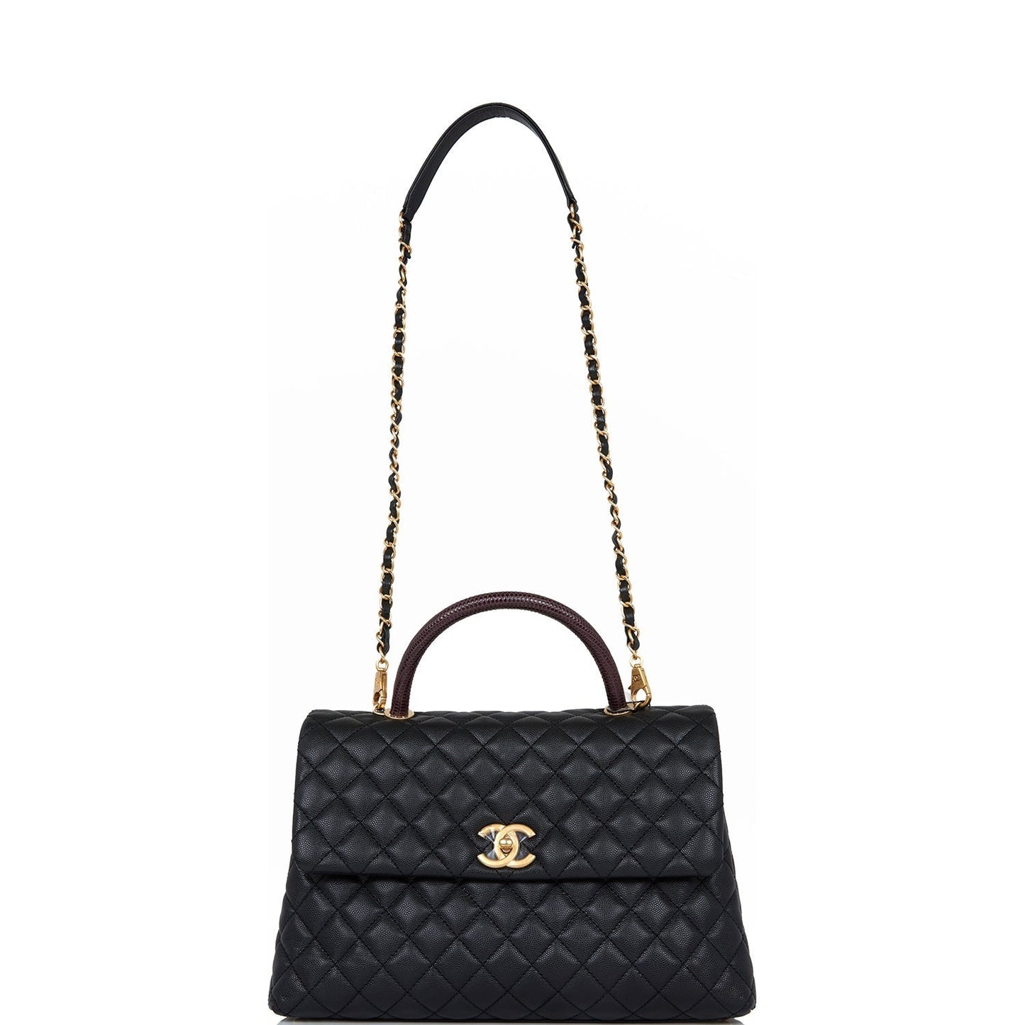 Chanel Large Coco Handle Flap Bag Black Caviar Lizard Handle Antique Gold Hardware