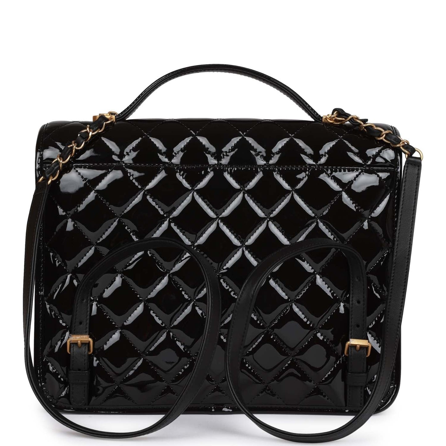 Chanel Large Flap Backpack Black Patent Antique Gold Hardware