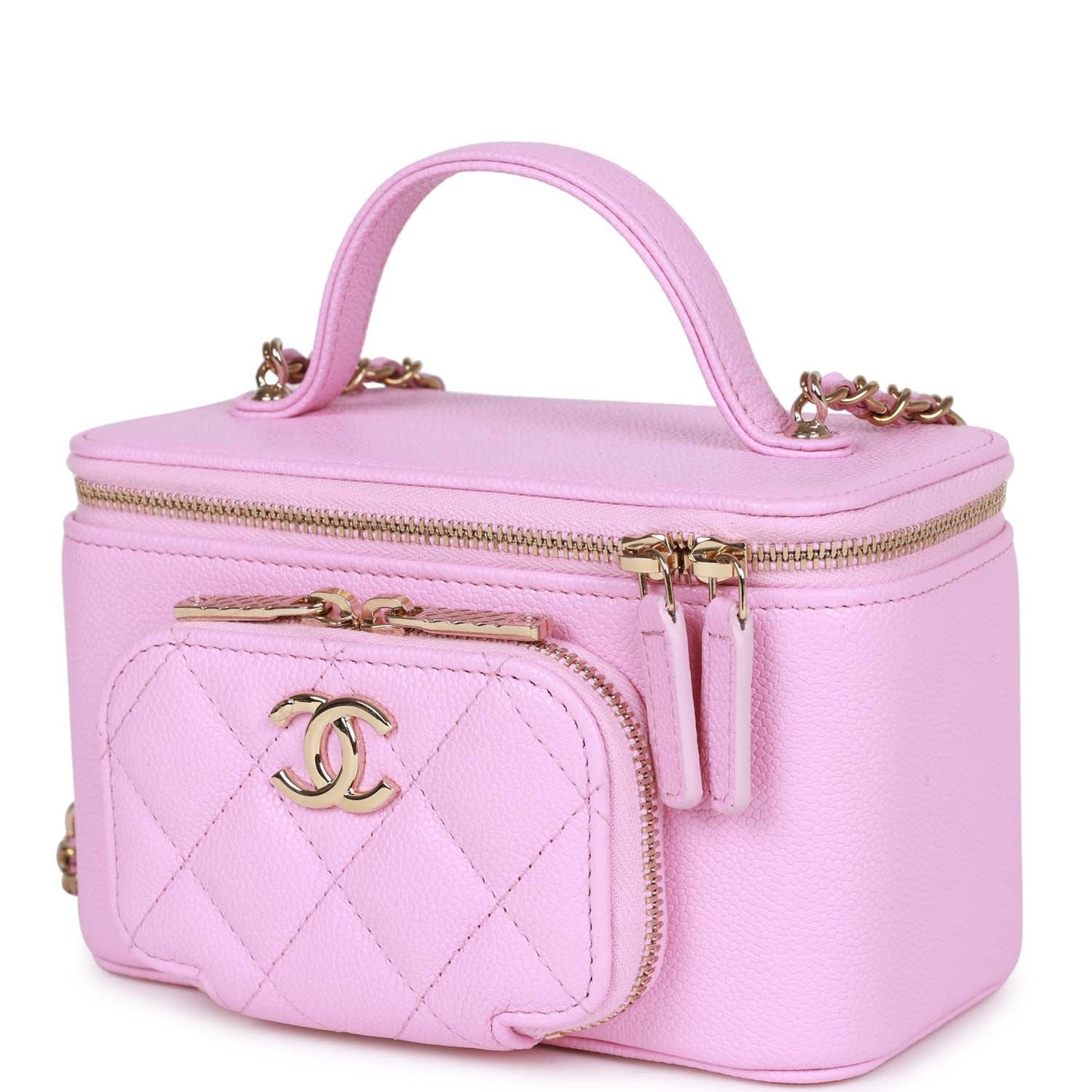 Chanel Small Top Handle Vanity Case Pink Quilted Caviar Gold Hardware