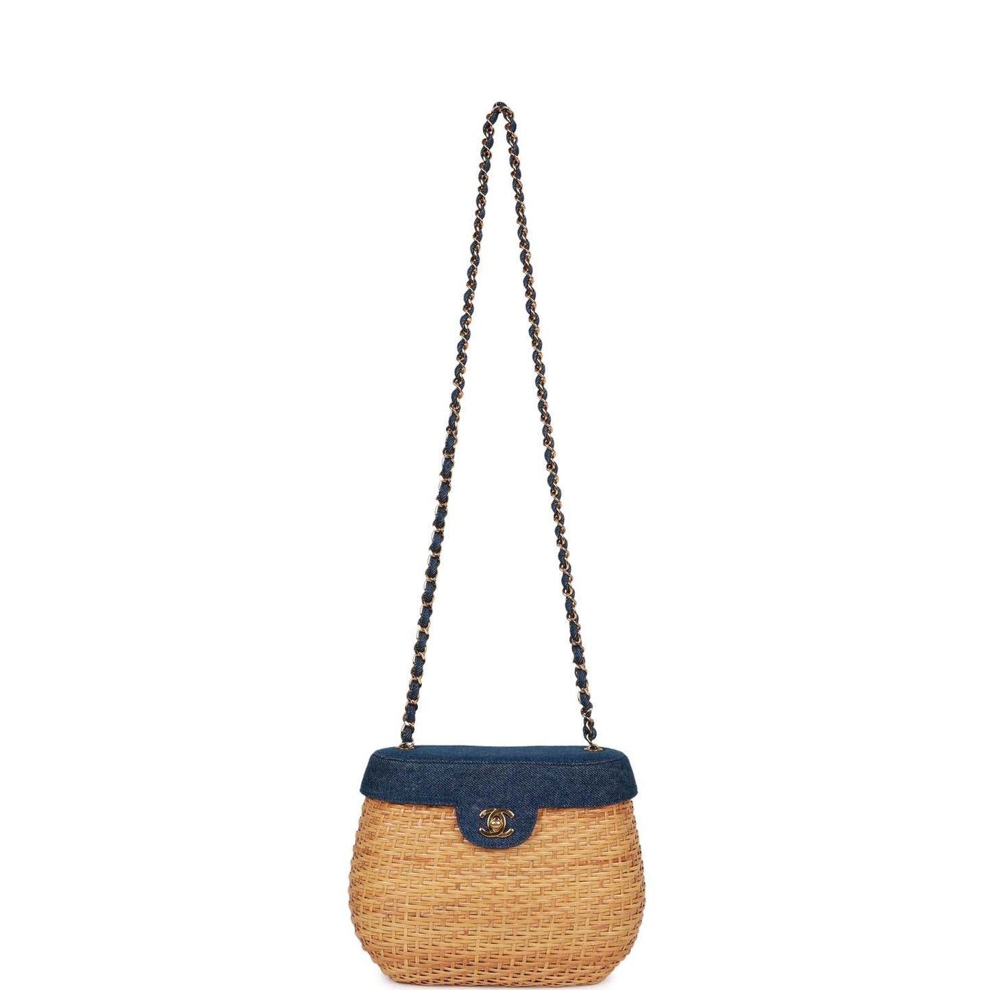 Chanel  Basket Bag Denim and Rattan Wicker Gold Hardware