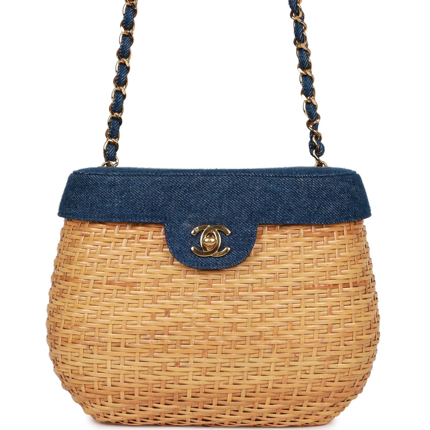 Chanel  Basket Bag Denim and Rattan Wicker Gold Hardware