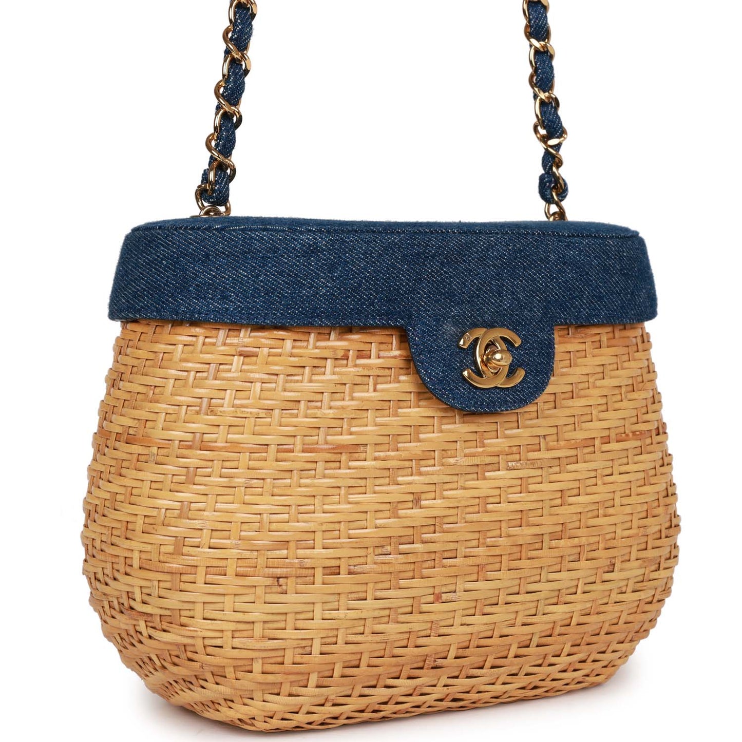 Chanel  Basket Bag Denim and Rattan Wicker Gold Hardware