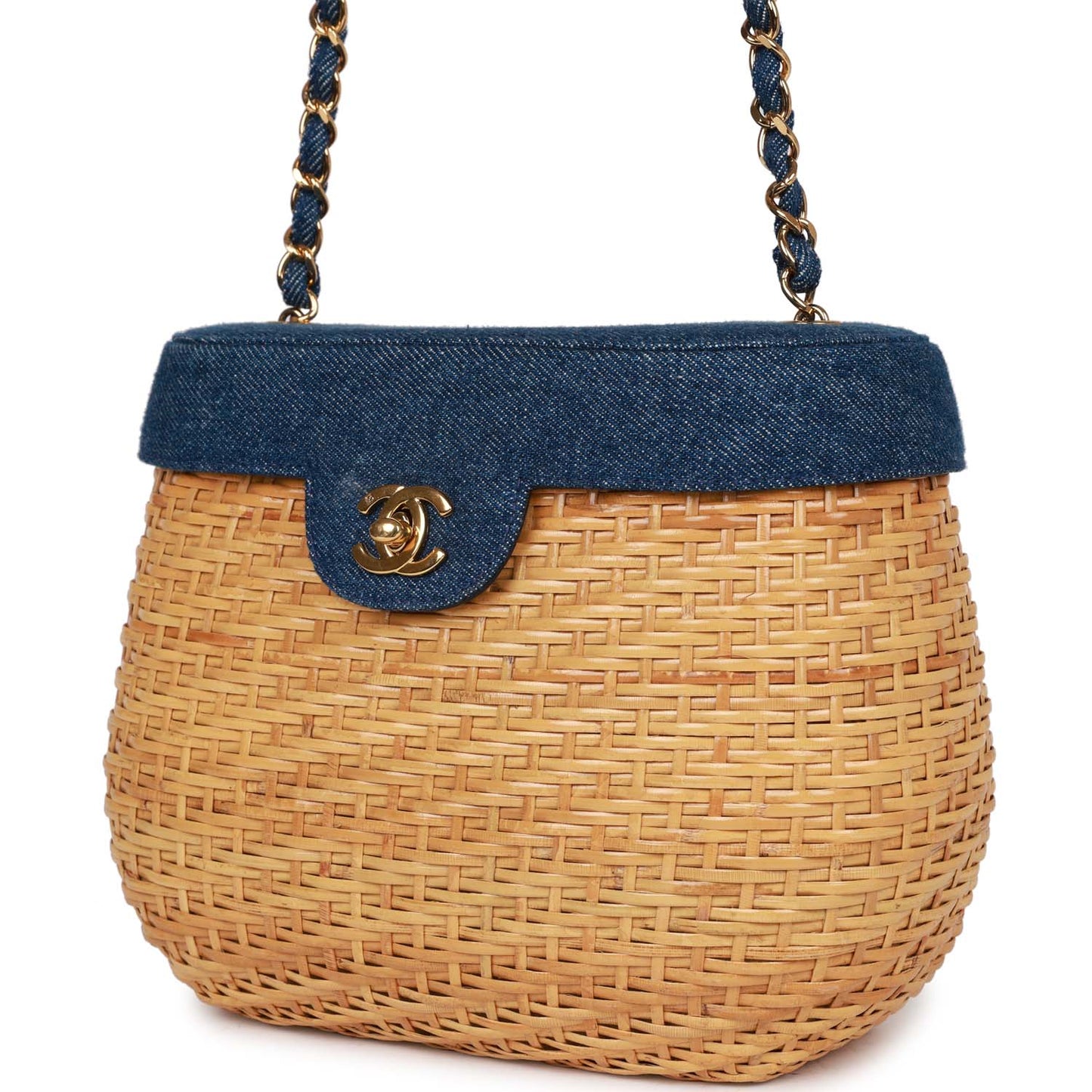 Chanel  Basket Bag Denim and Rattan Wicker Gold Hardware