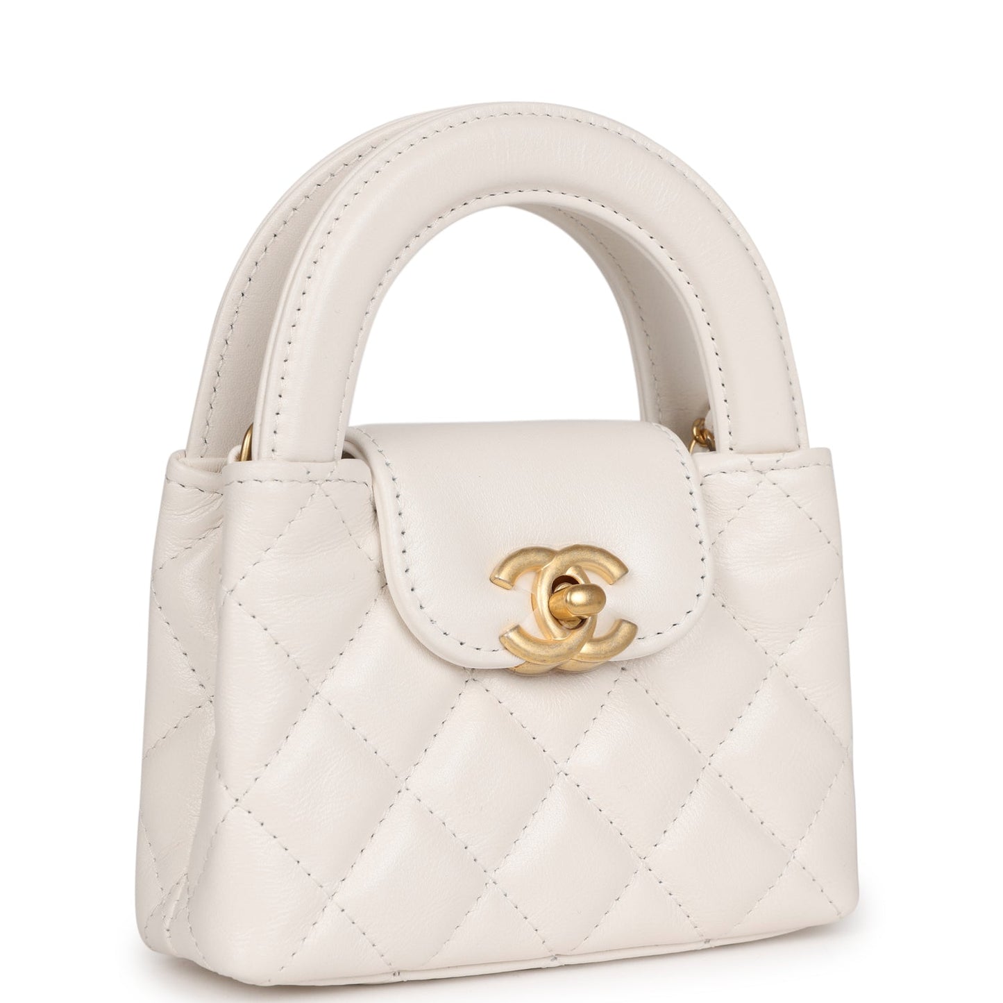 Chanel Nano Kelly Shopper White Shiny Aged Calfskin Brushed Gold Hardware Handbag