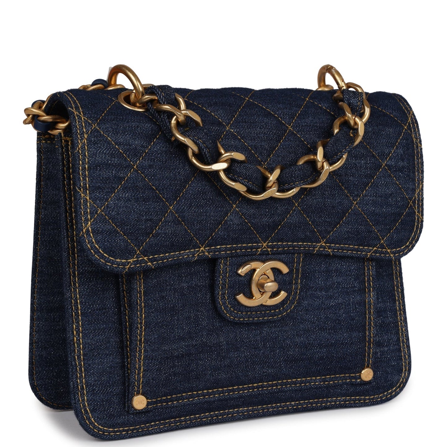 Chanel Square Flap Blue Antique Gold Hardware Shoulder Bag