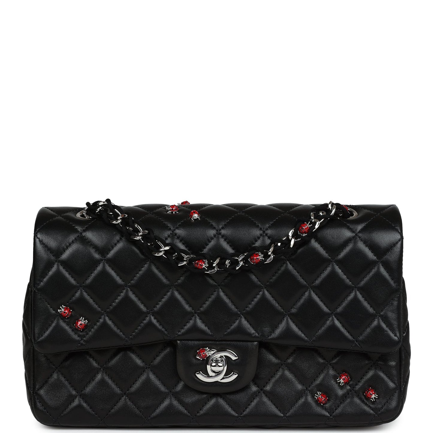 Chanel Medium Bug Single Flap Bag Black Lambskin Silver Hardware