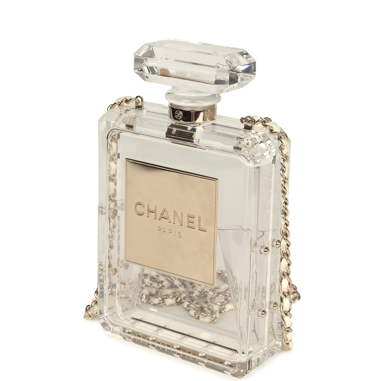 Chanel Minaudiere No. 5 Perfume Clutch Transparent Plexiglass Light Gold Hardware