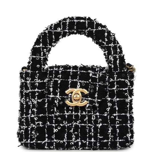 Chanel Nano Kelly Shopper Black, White & Silver Sequin Tweed Brushed Gold Hardware Crossbody