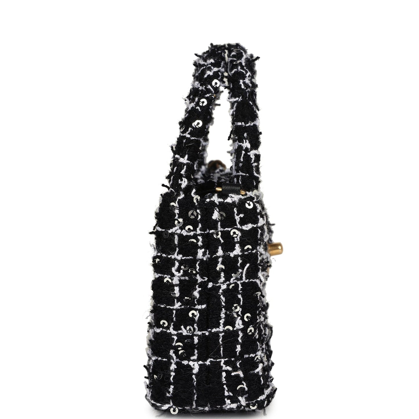 Chanel Nano Kelly Shopper Black, White & Silver Sequin Tweed Brushed Gold Hardware Crossbody