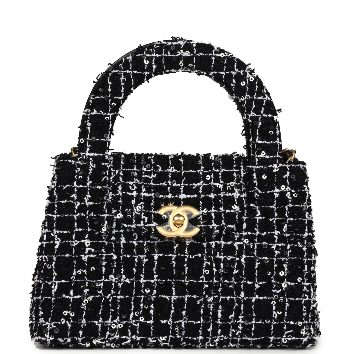 Chanel Small Kelly Shopper Black, White & Silver Sequin Tweed Brushed Gold Hardware Crossbody