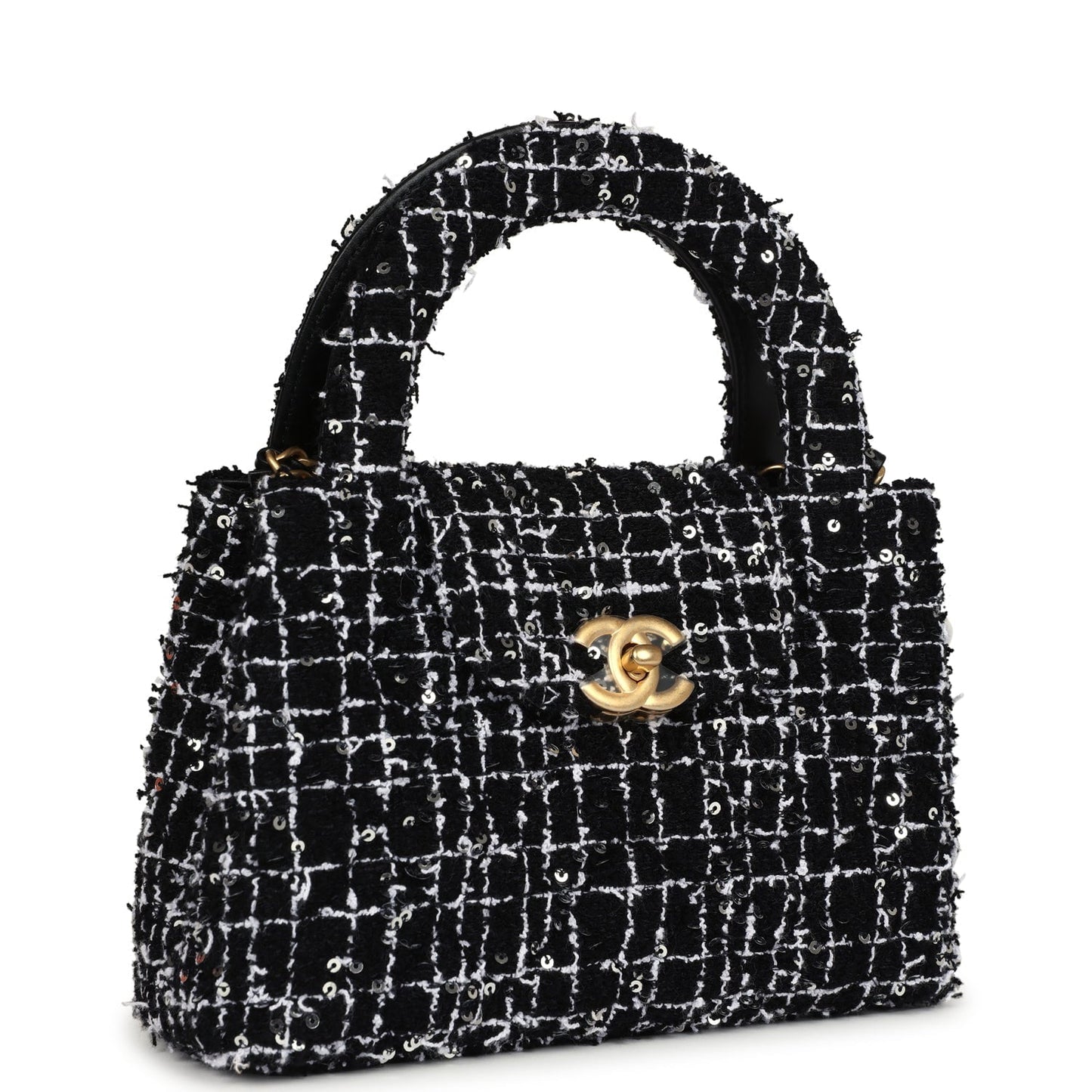 Chanel Small Kelly Shopper Black, White & Silver Sequin Tweed Brushed Gold Hardware Crossbody