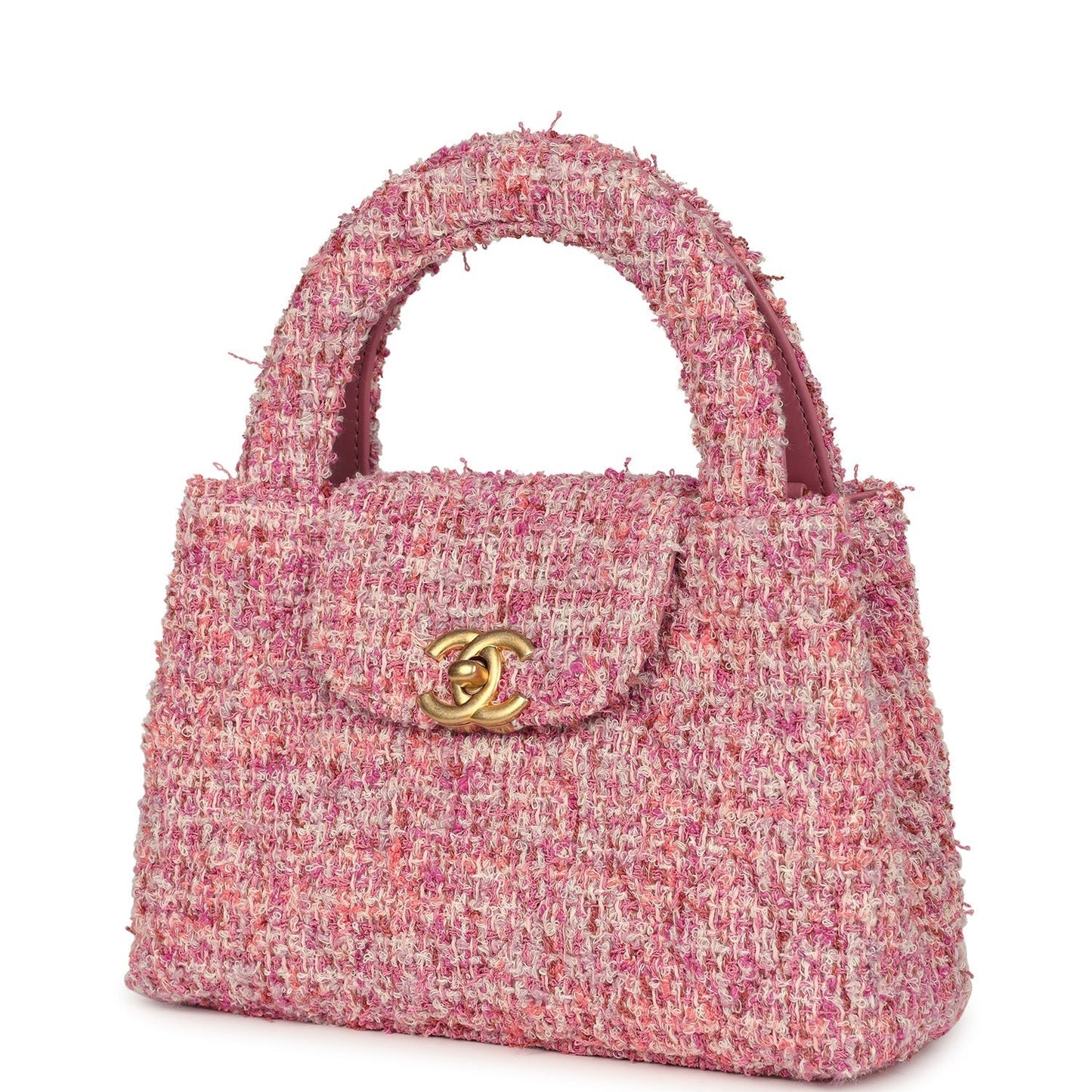 Chanel Small Kelly Shopper Pink Tweed Brushed Gold Hardware Handbag