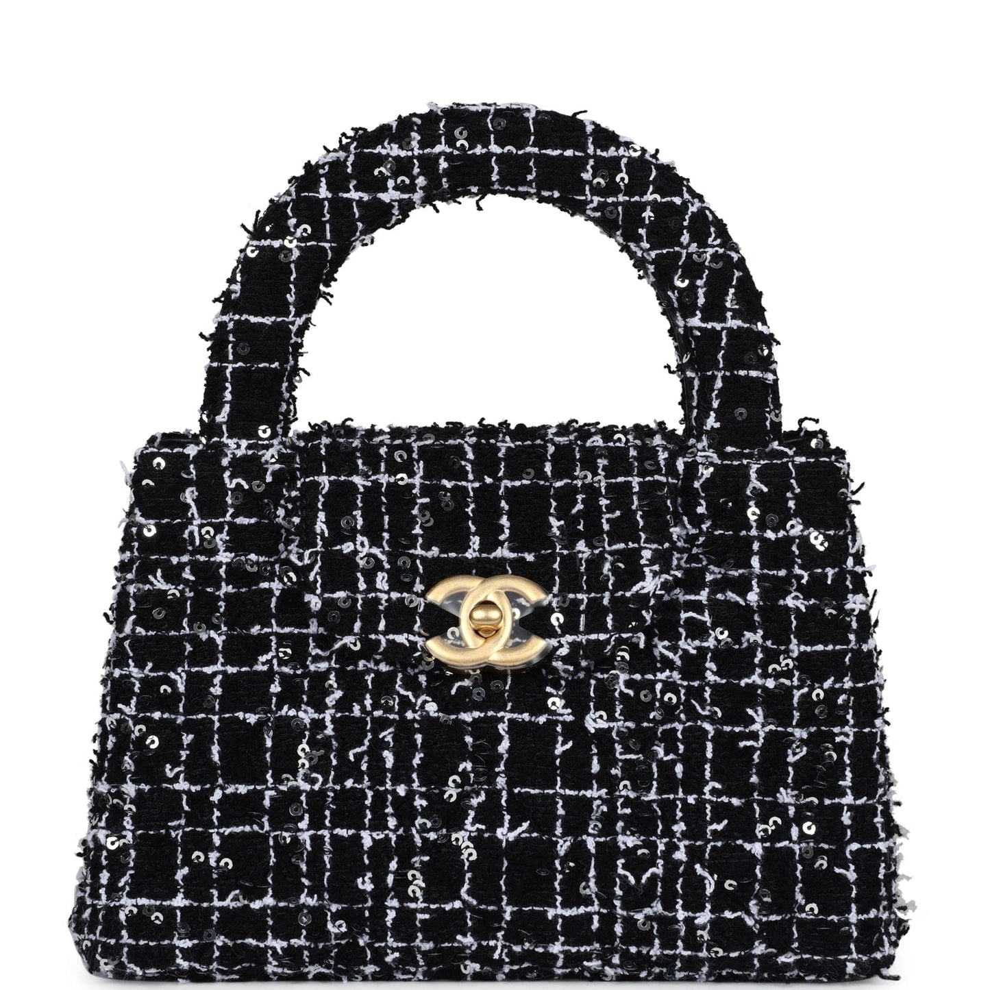 Chanel Small Kelly Shopper Black, White & Silver Sequin Tweed Brushed Gold Hardware Crossbody