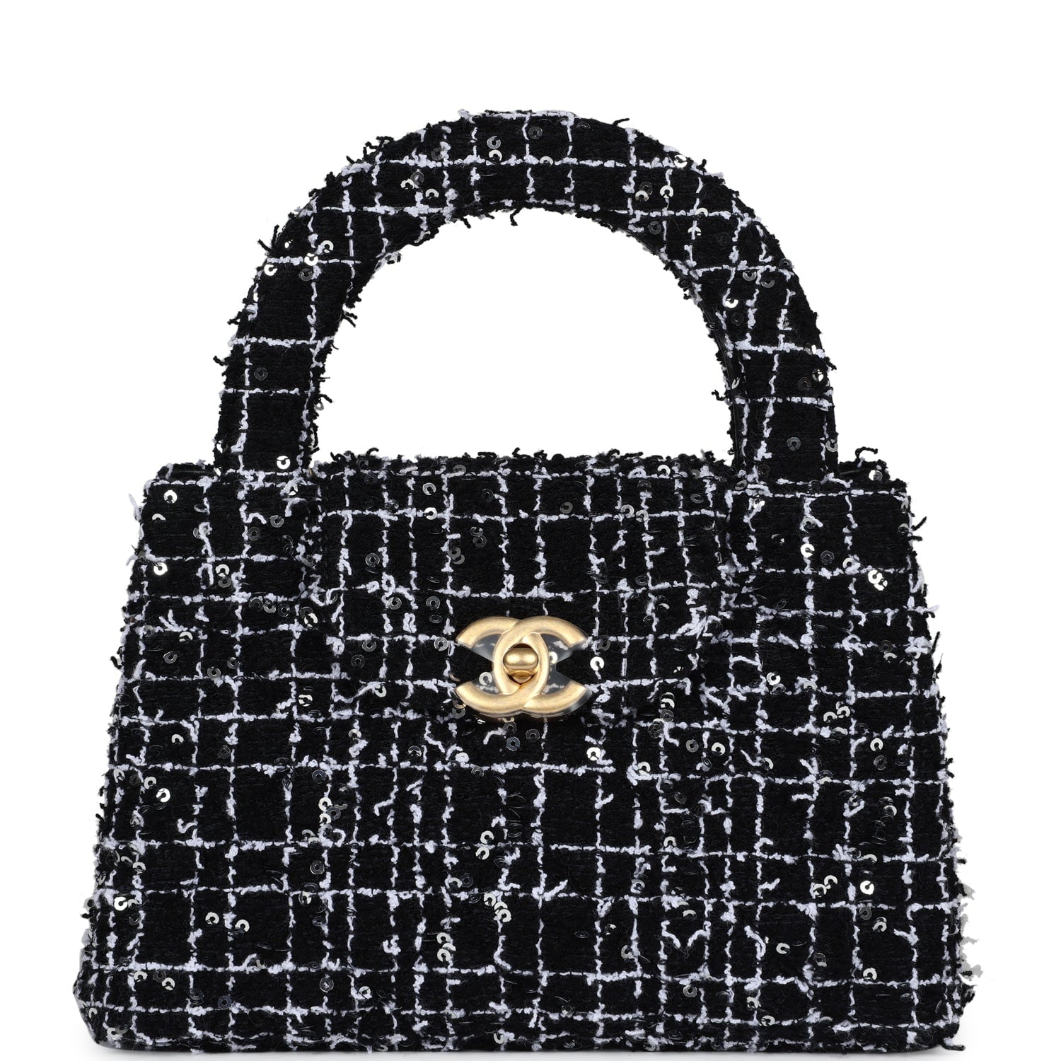 Chanel Small Kelly Shopper Black, White & Silver Sequin Tweed Brushed Gold Hardware Crossbody