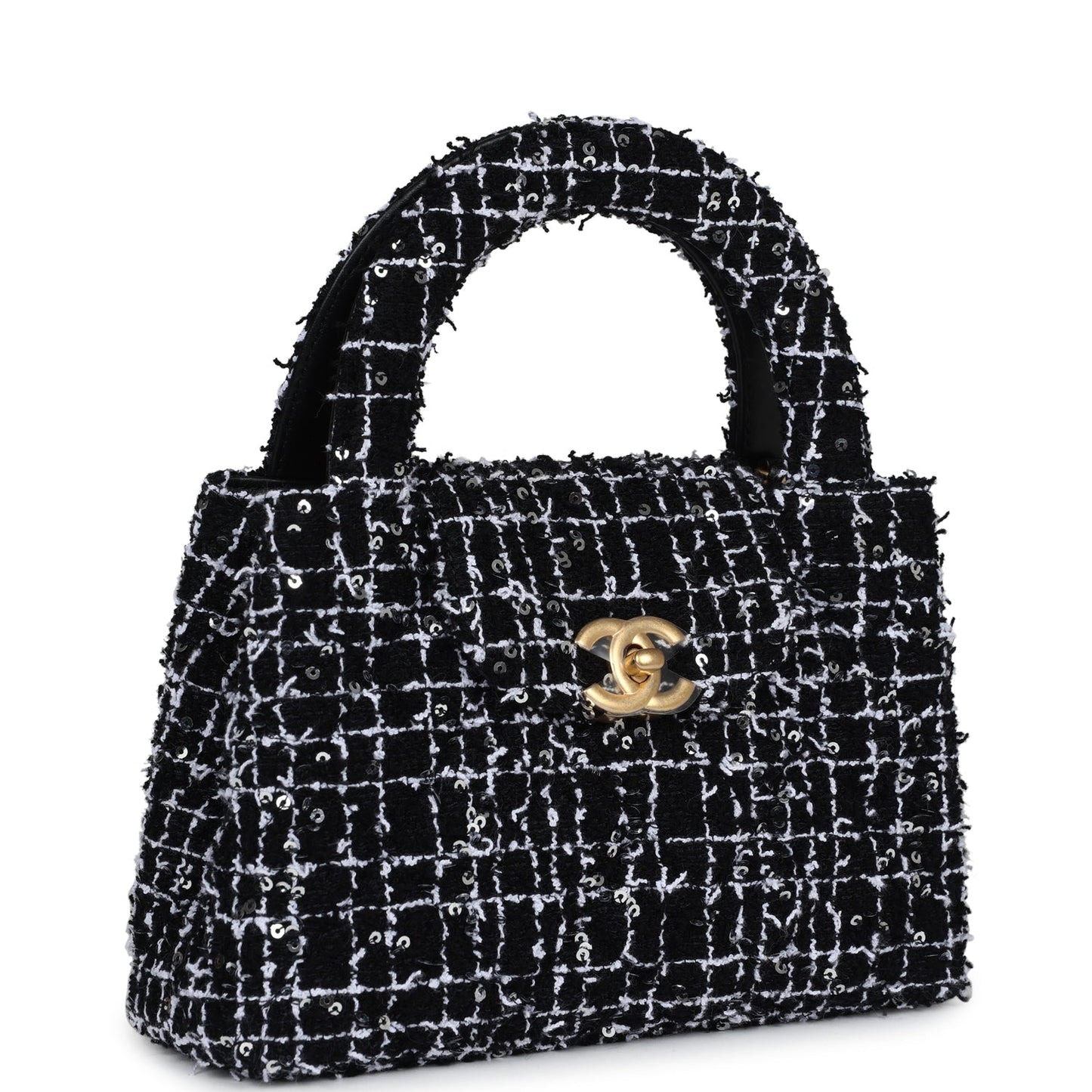 Chanel Small Kelly Shopper Black, White & Silver Sequin Tweed Brushed Gold Hardware Crossbody